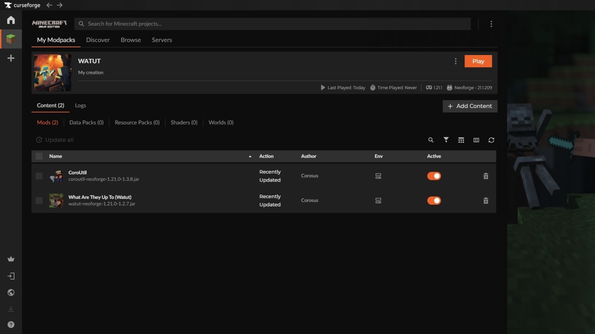 Use the Curseforge launcher to download and install the What Are They Up To (Watut) mod (Image via Sportskeeda Gaming || Mojang Studios/Corosus)
