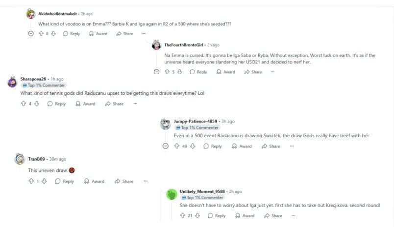 Screenshot of r/Tennis&#039; Reddit post featuring fans&#039; comments | Source: Reddit/r/tennis