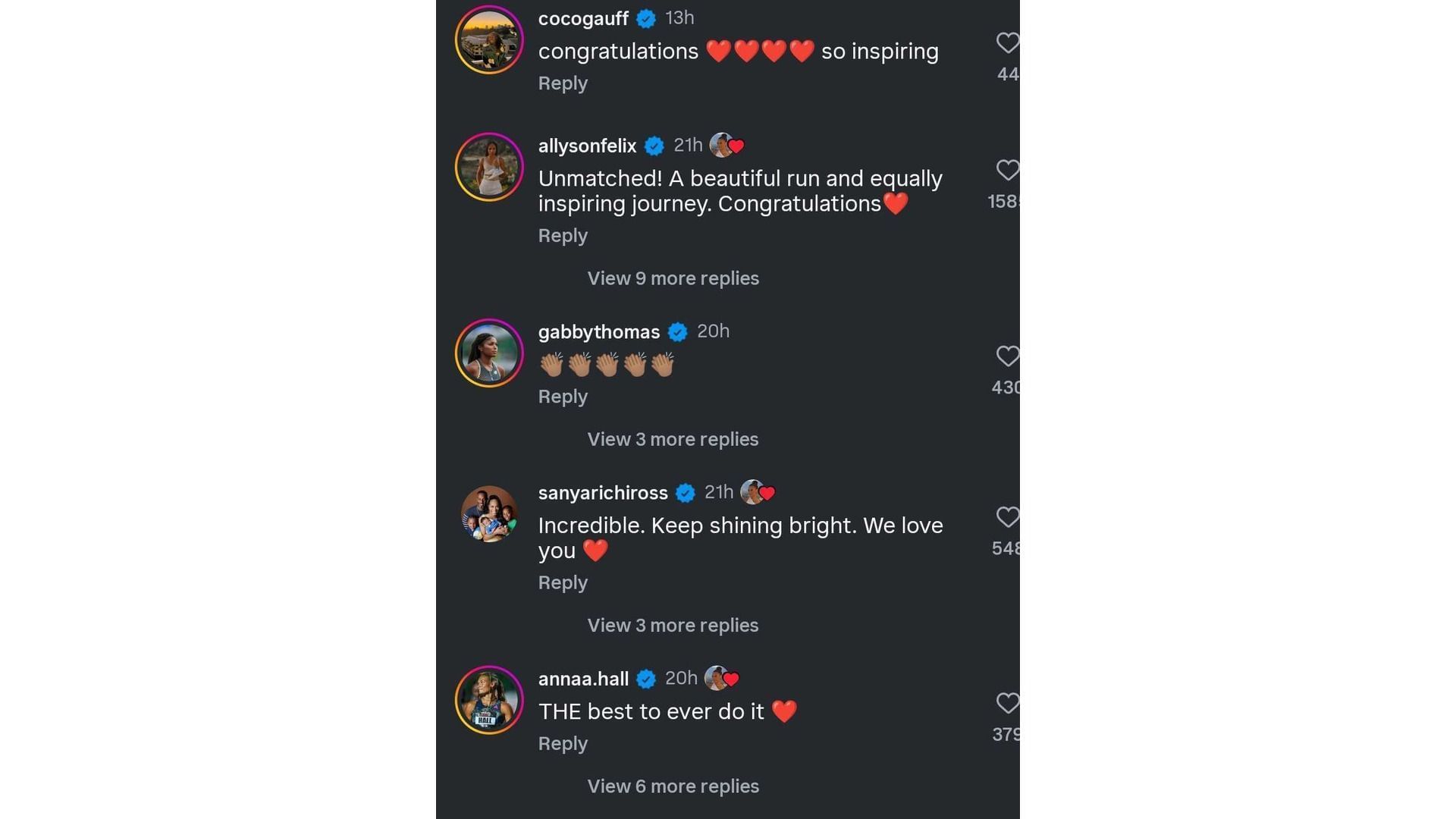 Screenshot of the comments on McLaughlin-Levrone&#039;s post (Image via: @sydneymclaughlin16 on IG)