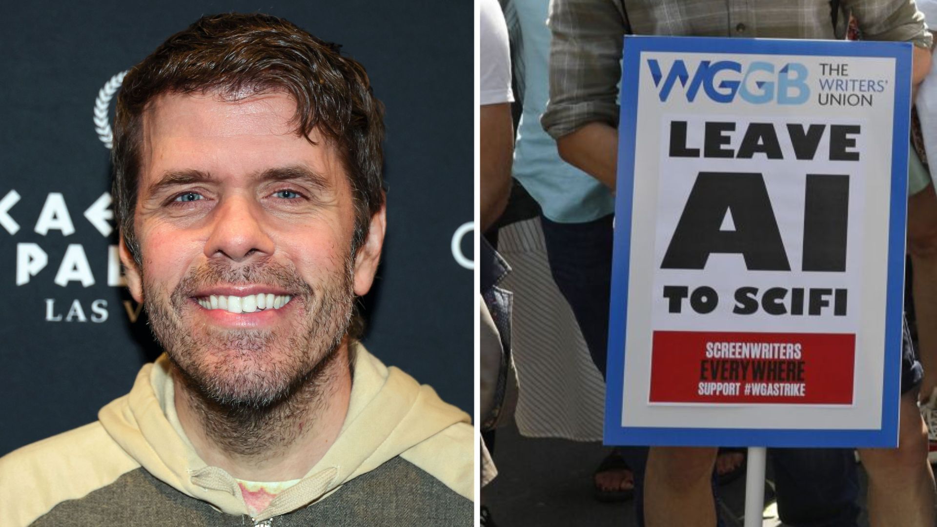 Perez Hilton and a protest banner against AI (Image via Getty)
