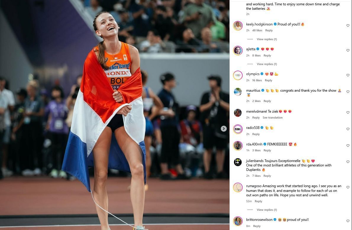 Screenshot of athlete&rsquo;s comments on Femke Bol&rsquo;s post. Credits - IG/ femke_bol
