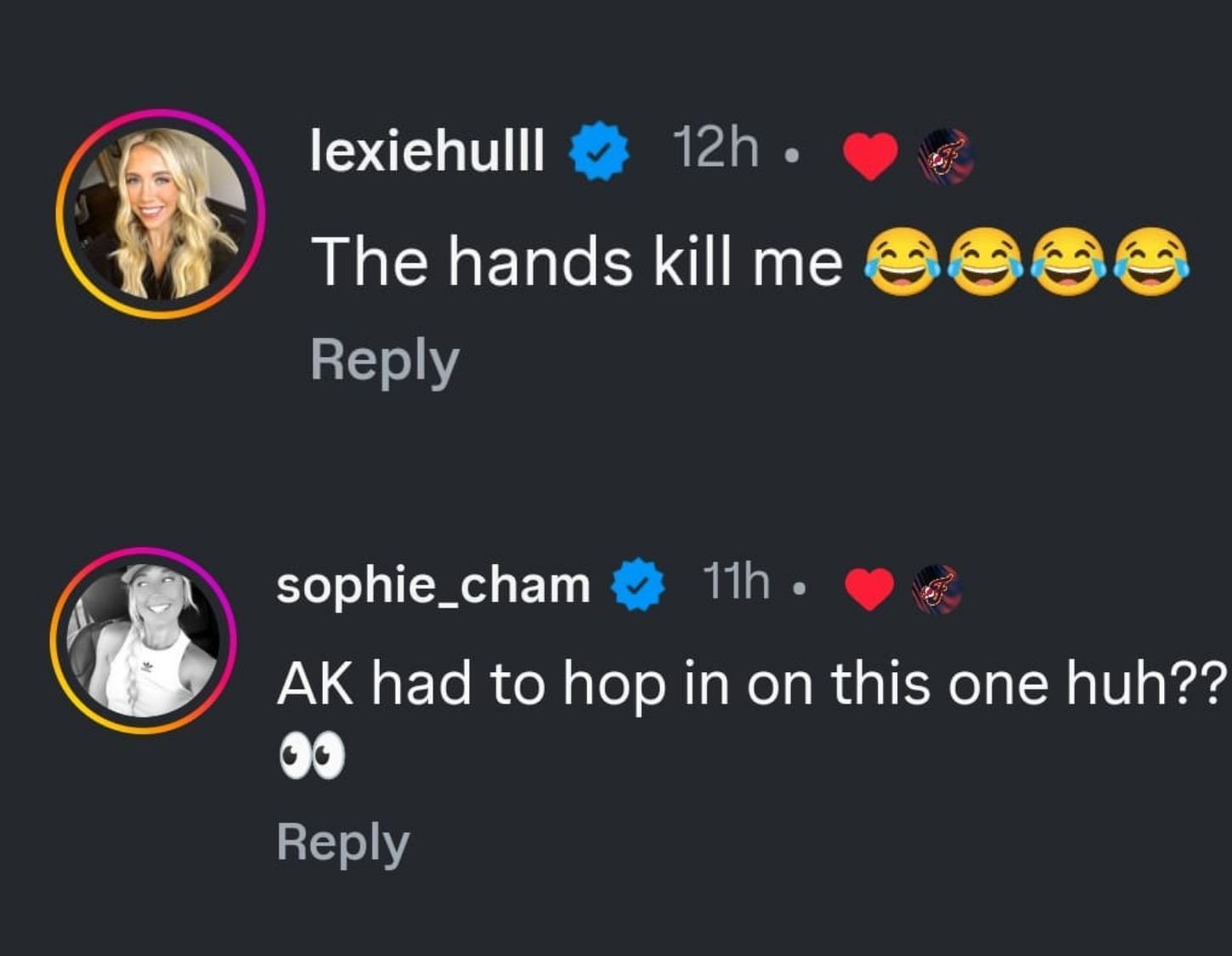 Cunningham and Hull&rsquo;s comments on Instagram