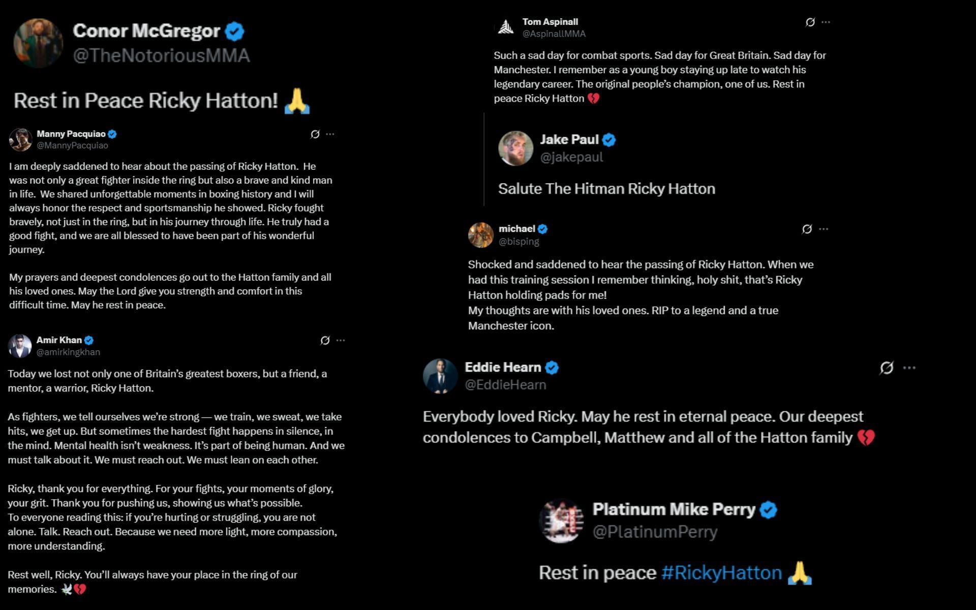 The combat sports world mourns the loss of Ricky Hatton. [Screenshots courtesy: Fighter accounts on X]