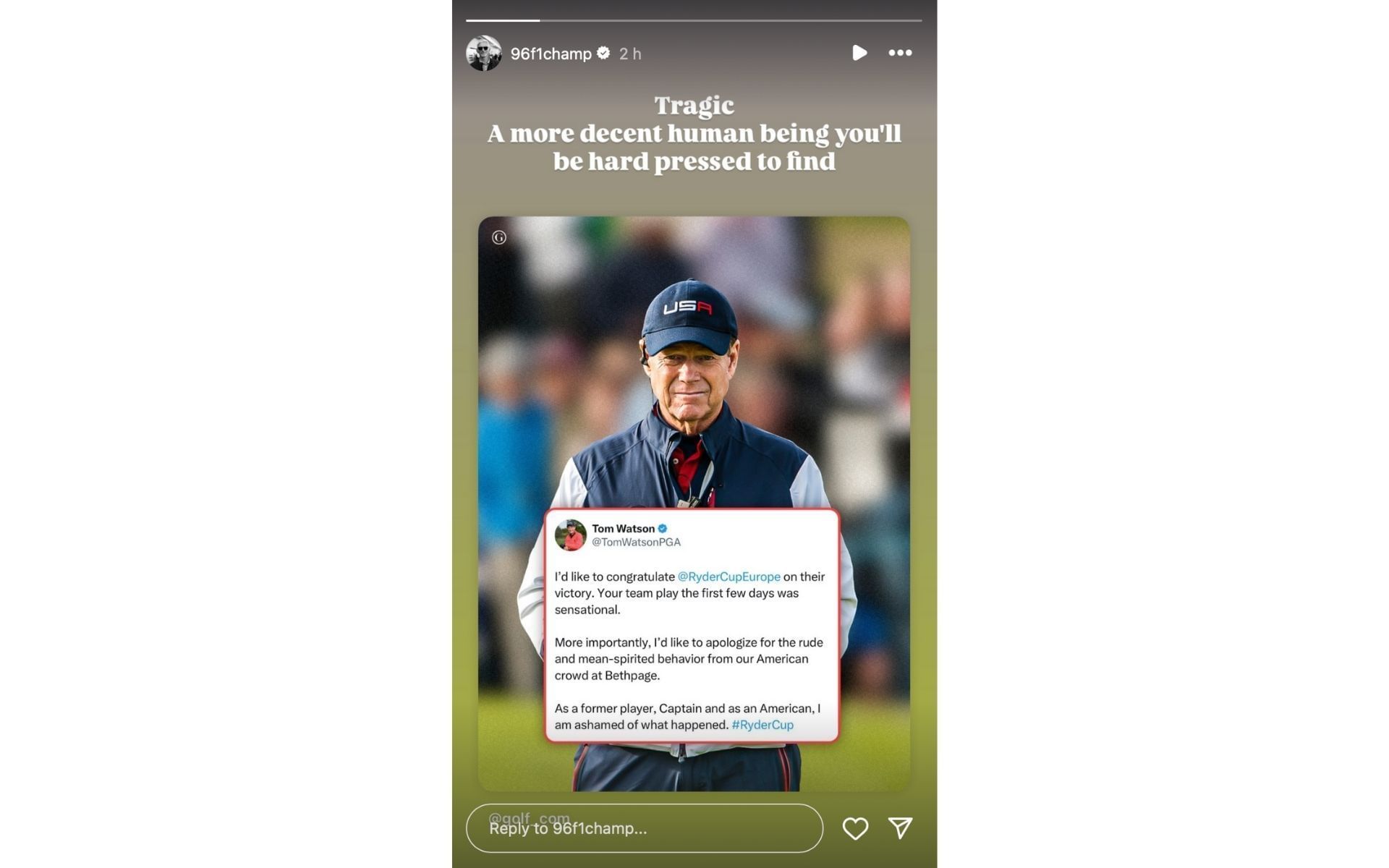 Damon Hill reacting to Tom Watson&#039;s X post on his Instagram story | Source: Instagram/@96f1champ