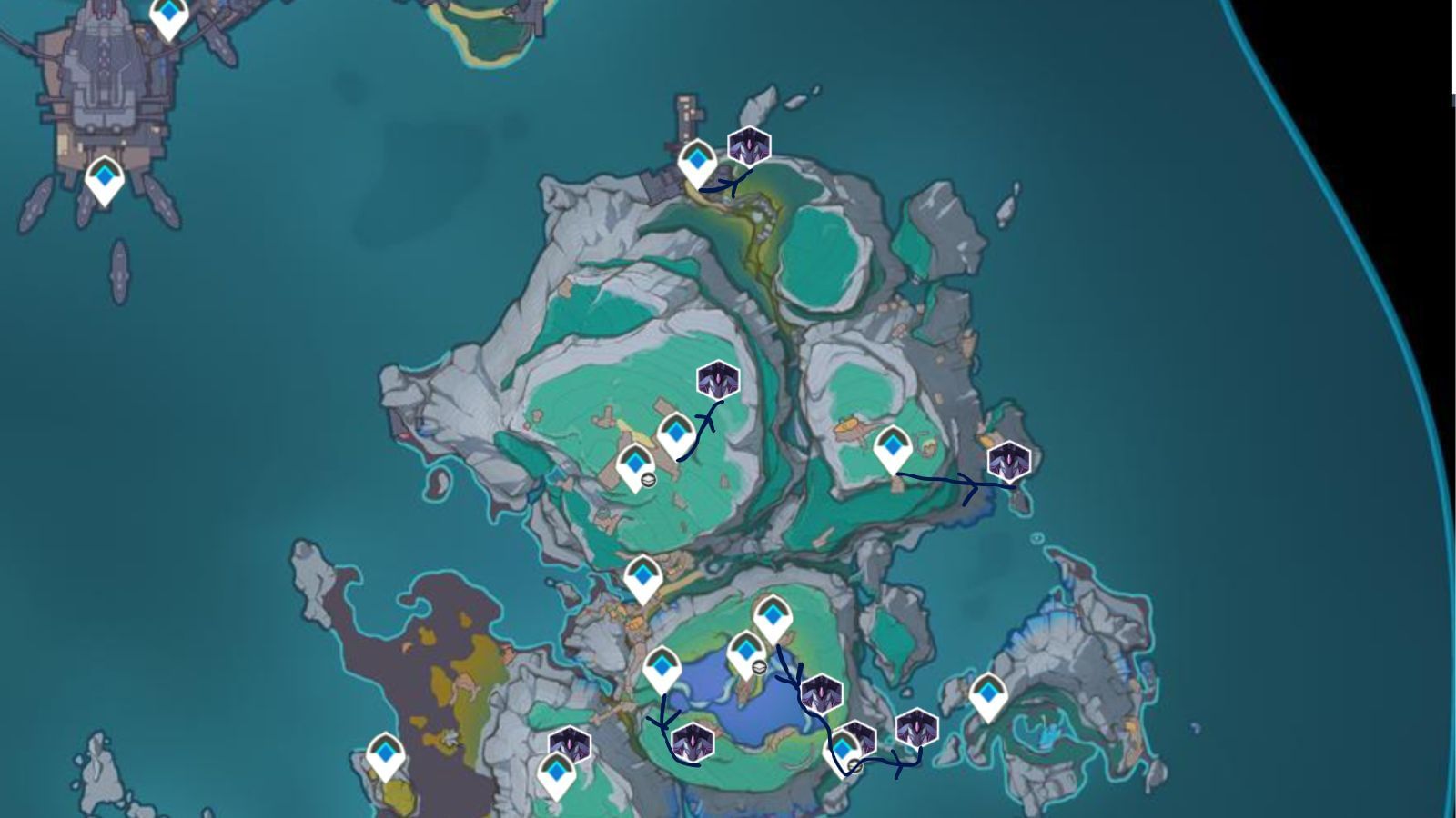 Locations of all Radiant Beast enemies on Blue Amber Lake and Nothing Passage areas (Image via Sportskeeda Gaming || HoYoverse)