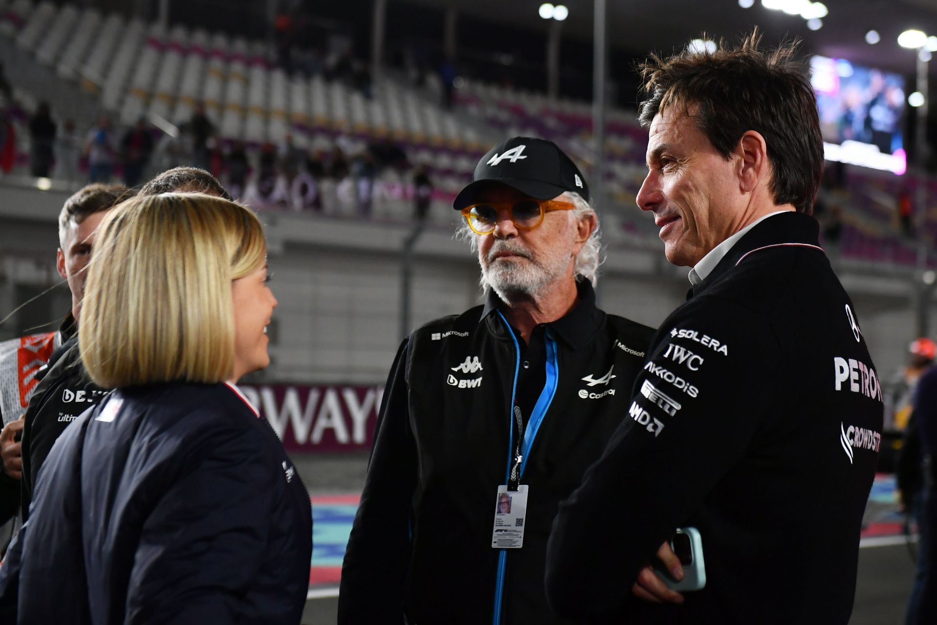 Flavio Briatore with Susie Wolff and Mercedes boss Toto Wolff at Lusail in 2024. Source: Getty