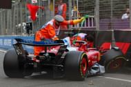 Marshals remove the damaged car of Charles Leclerc of Monaco and Scuderia Ferrari from the circuit during qualifying ahead of the F1 Grand Prix of Azerbaijan - Source: Getty
