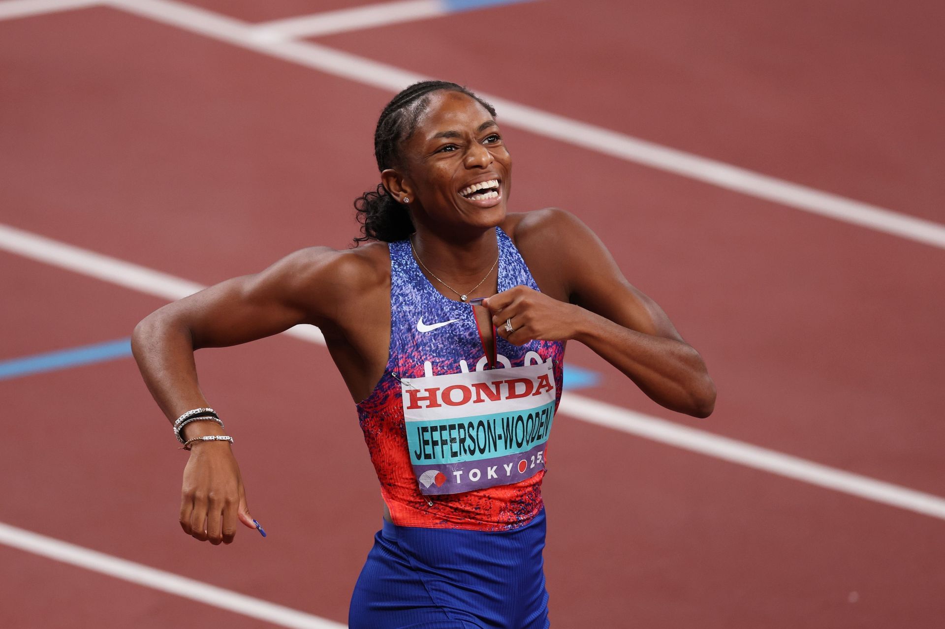 Jefferson-Wooden after winning the 200m race at the World Athletics Championships 2025 (Image via: Getty)