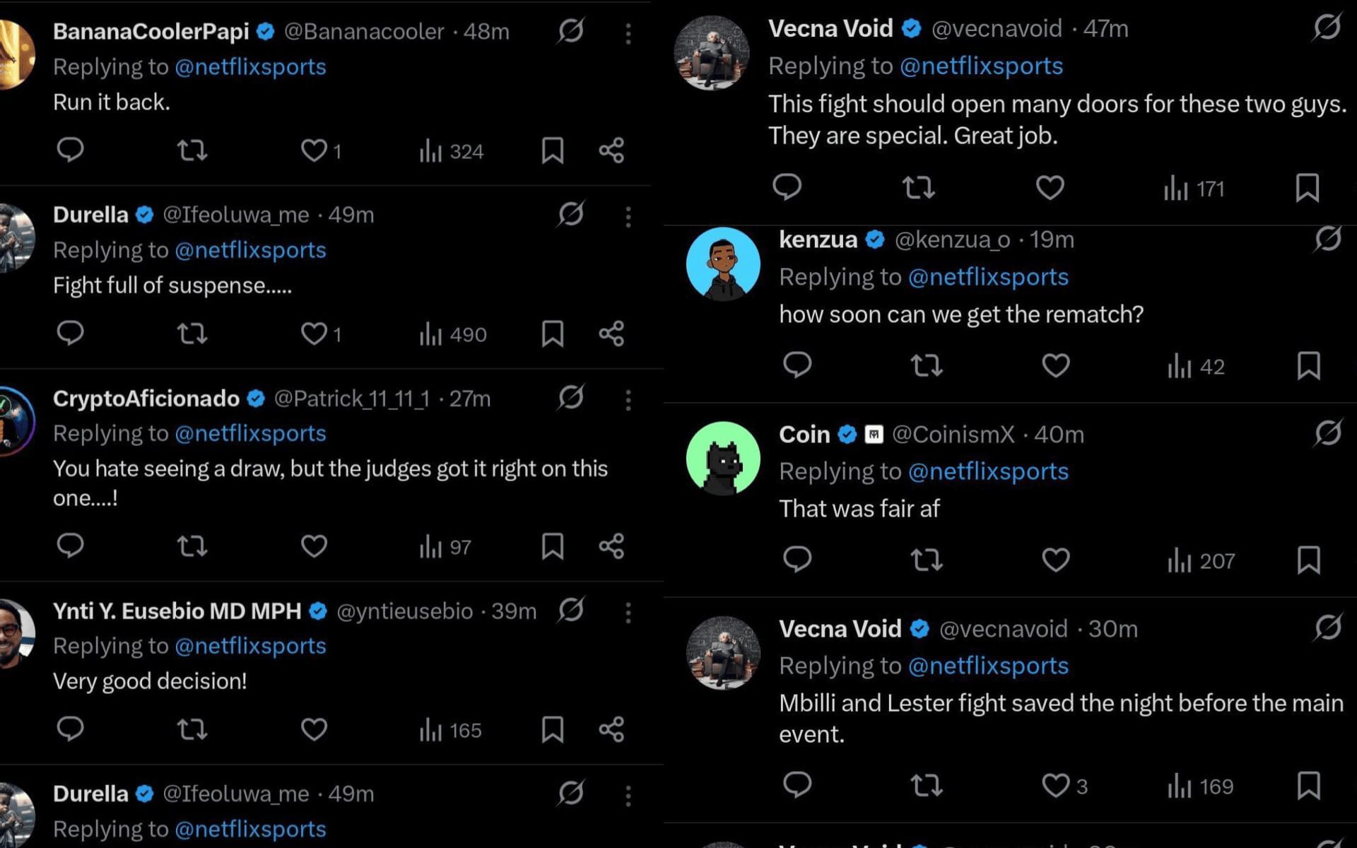 Fans&#039; reaction to Christian Mbilli vs. Lester Martinez fight. [Screenshots courtesy: @netflixsports on X]