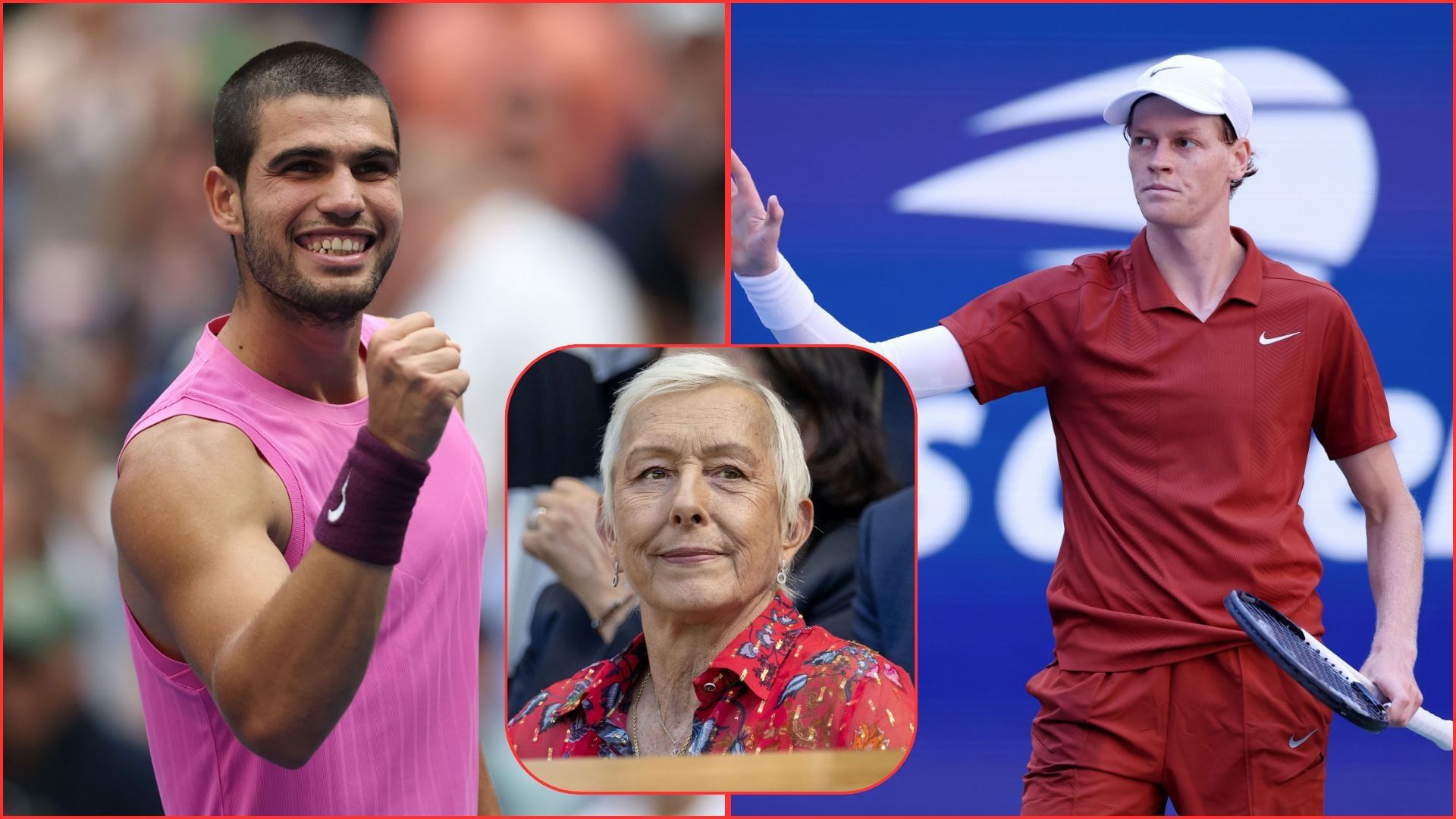 (L-R) Carlos Alcaraz, Martina Navratilova (inset), and Jannik Sinner | Getty