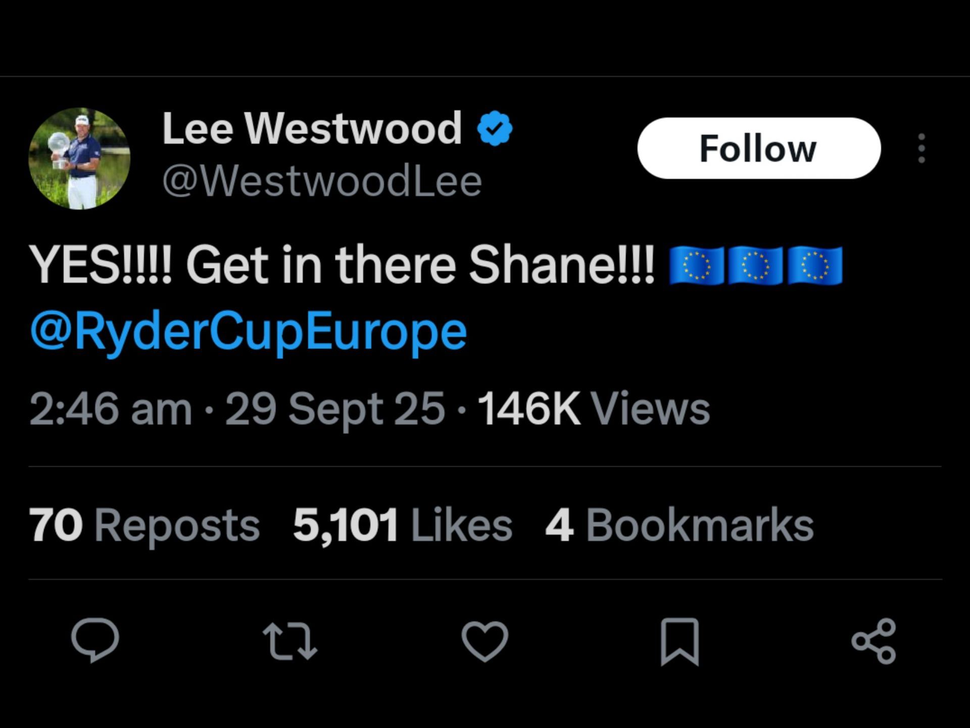 Screenshot from Westwood&#039;s post on X about Lowry during the Ryder Cup / Source: @WestwoodLee on X