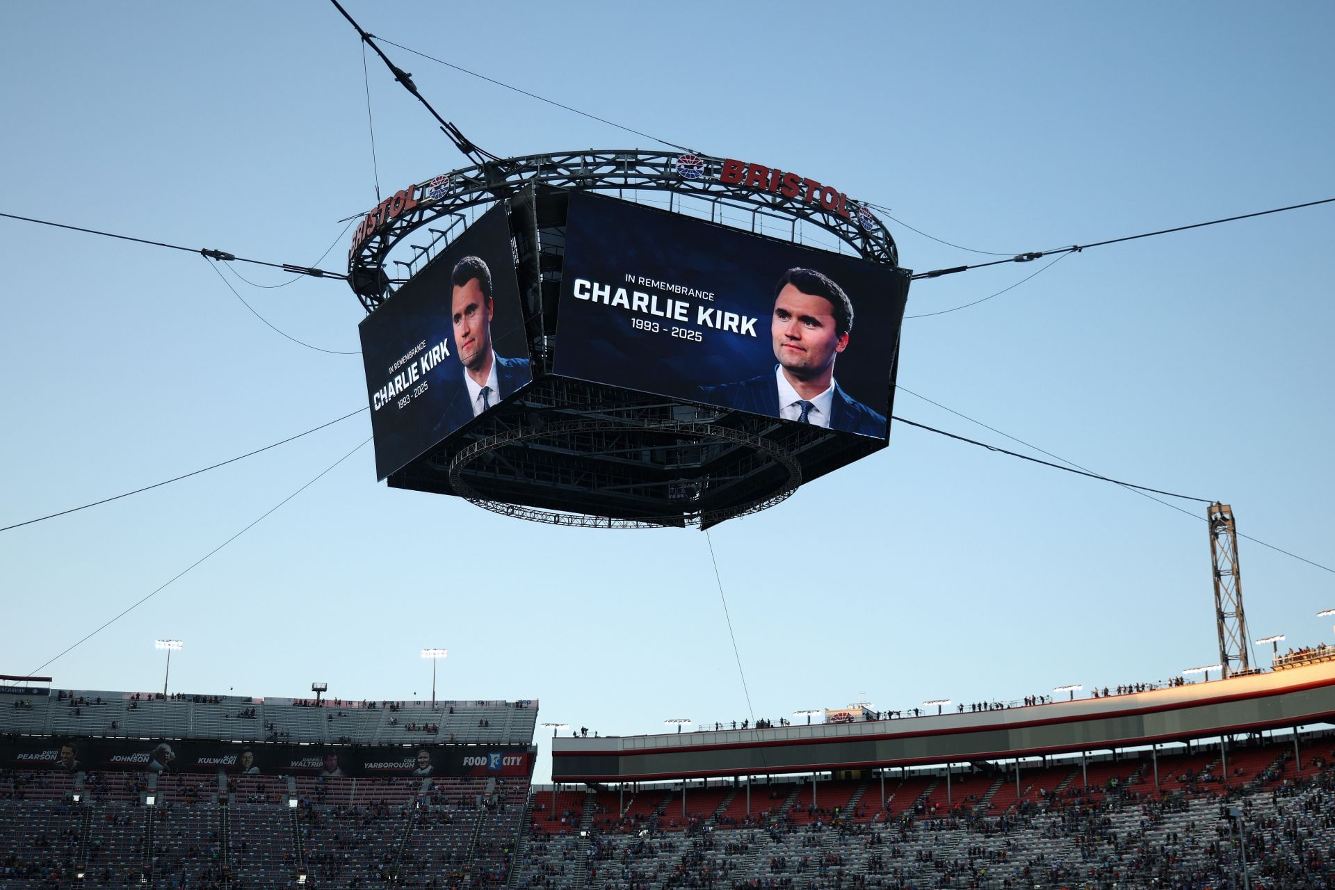 Charlie Kirk displayed before the NASCAR Xfinity Series race at Bristol Motor Speedway. Source: Getty