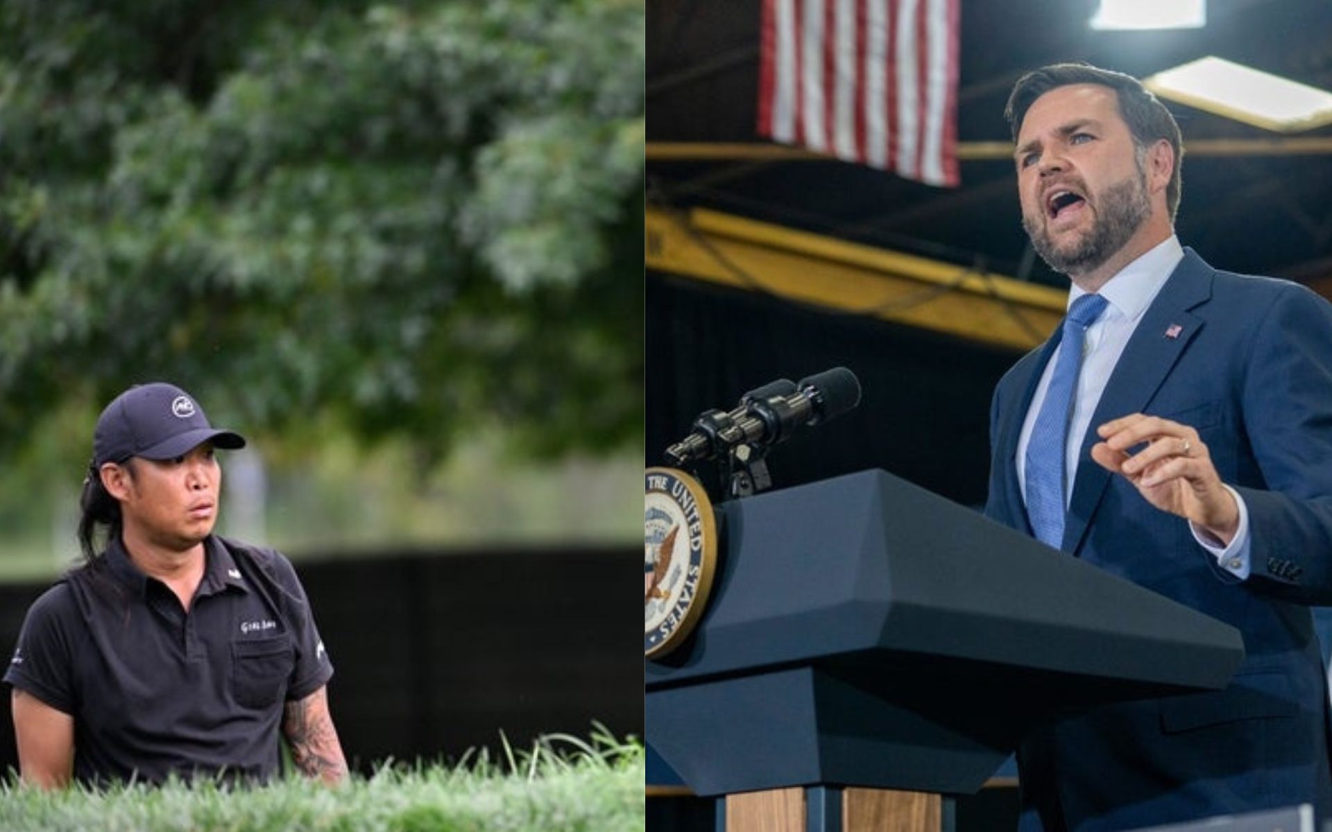 Image via Imagn, Anthony Kim on the left, JD Vance on the right.