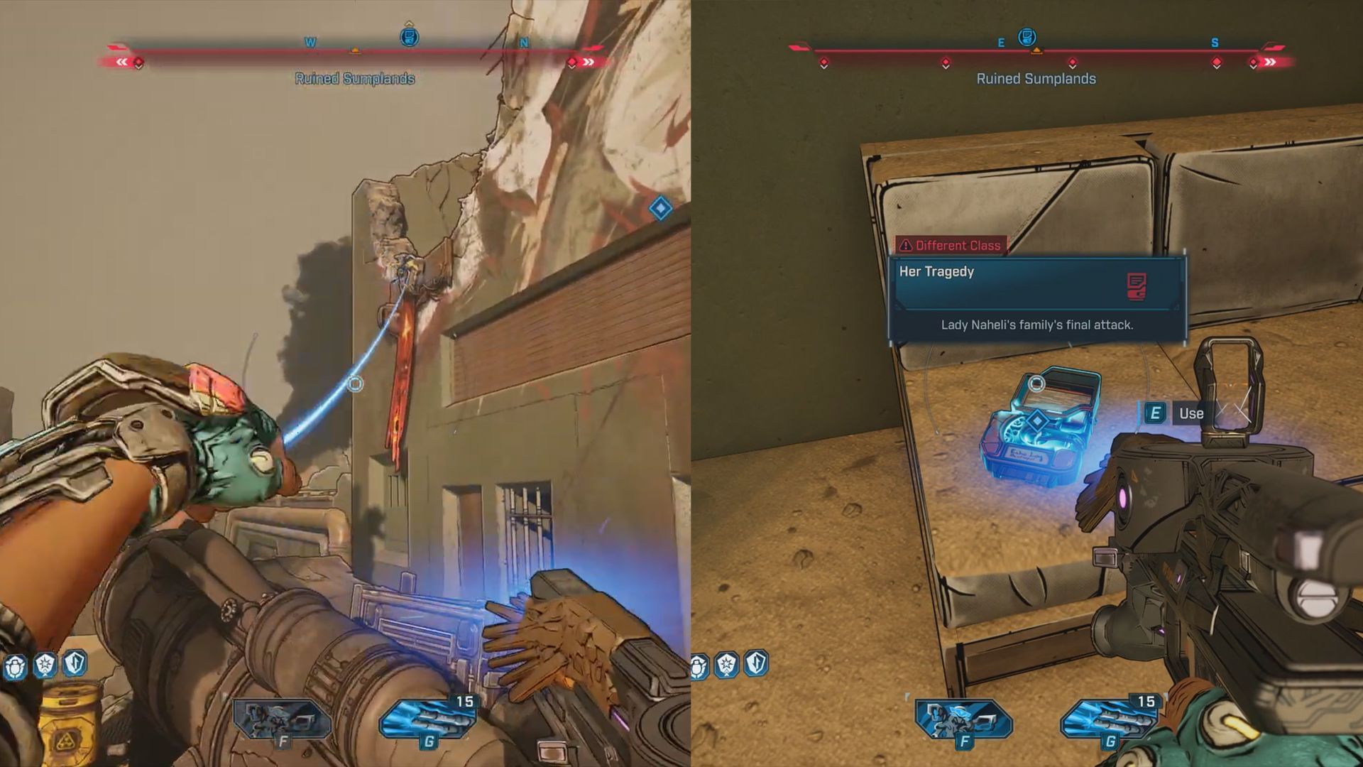 Grapple up to the second floor of the ruined building near the entrance, the Echo Log is on the couch (Image via Gearbox Software)