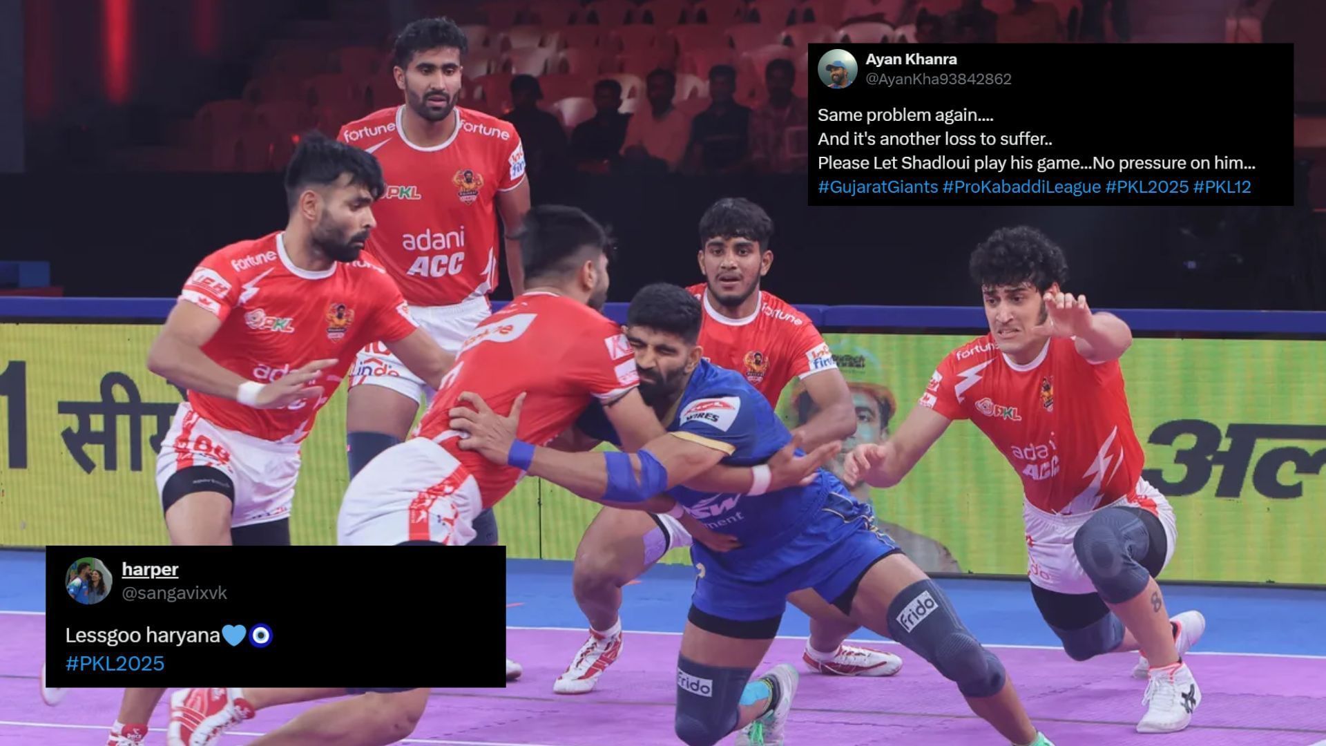 Gujarat Giants suffered a close defeat against Haryana Steelers (Image Credits: PKL &amp; @AyanKha93842862,@sangavixvk/X)
