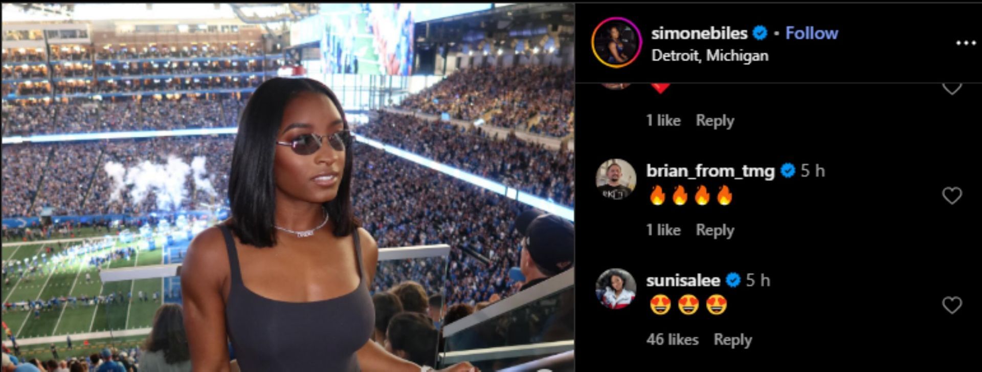 Screengrab of Suni Lee&#039;s reaction over Simone Biles&#039; post [Image Source : Simone Biles&#039; Instagram]