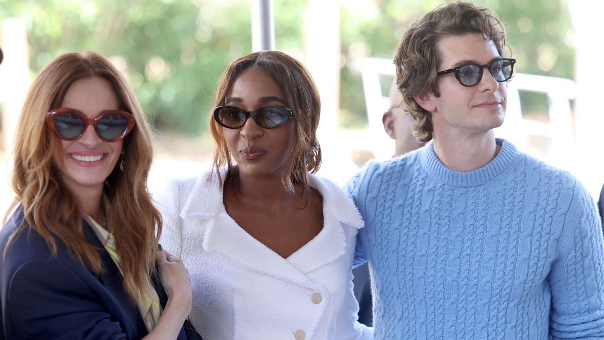 Julia Roberts, Ayo Edebiri and Andrew Garfield arrive at Palazzo del Casin&ograve; for the &ldquo;After the Hunt&rdquo; photocall during the 82nd Venice International Film Festivaon August 29, 2025 in Venice, Italy. (Image via Getty)
