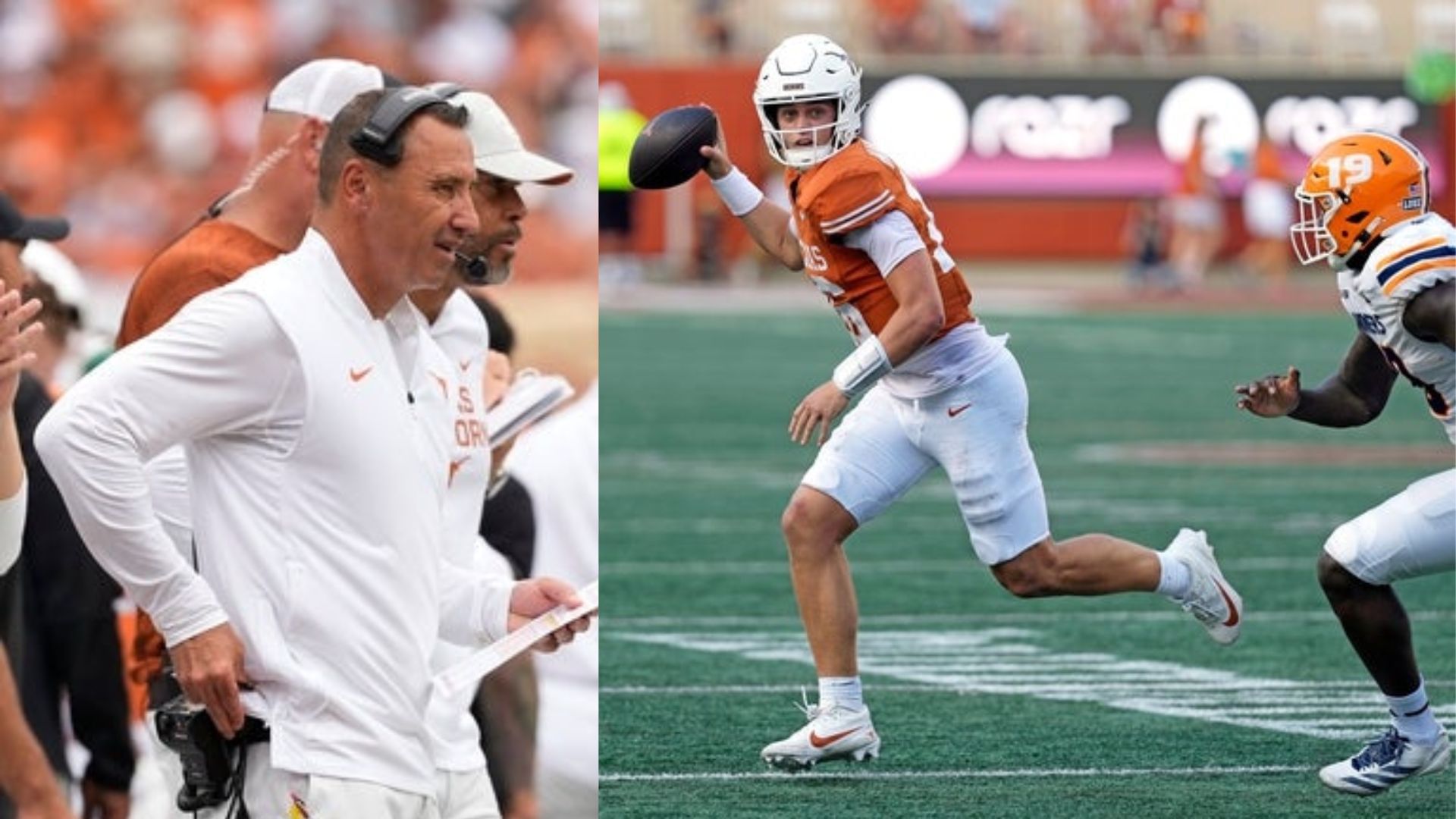 Steve Sarkisian (left) serves reality check to Arch Manning (right) over Texas QB