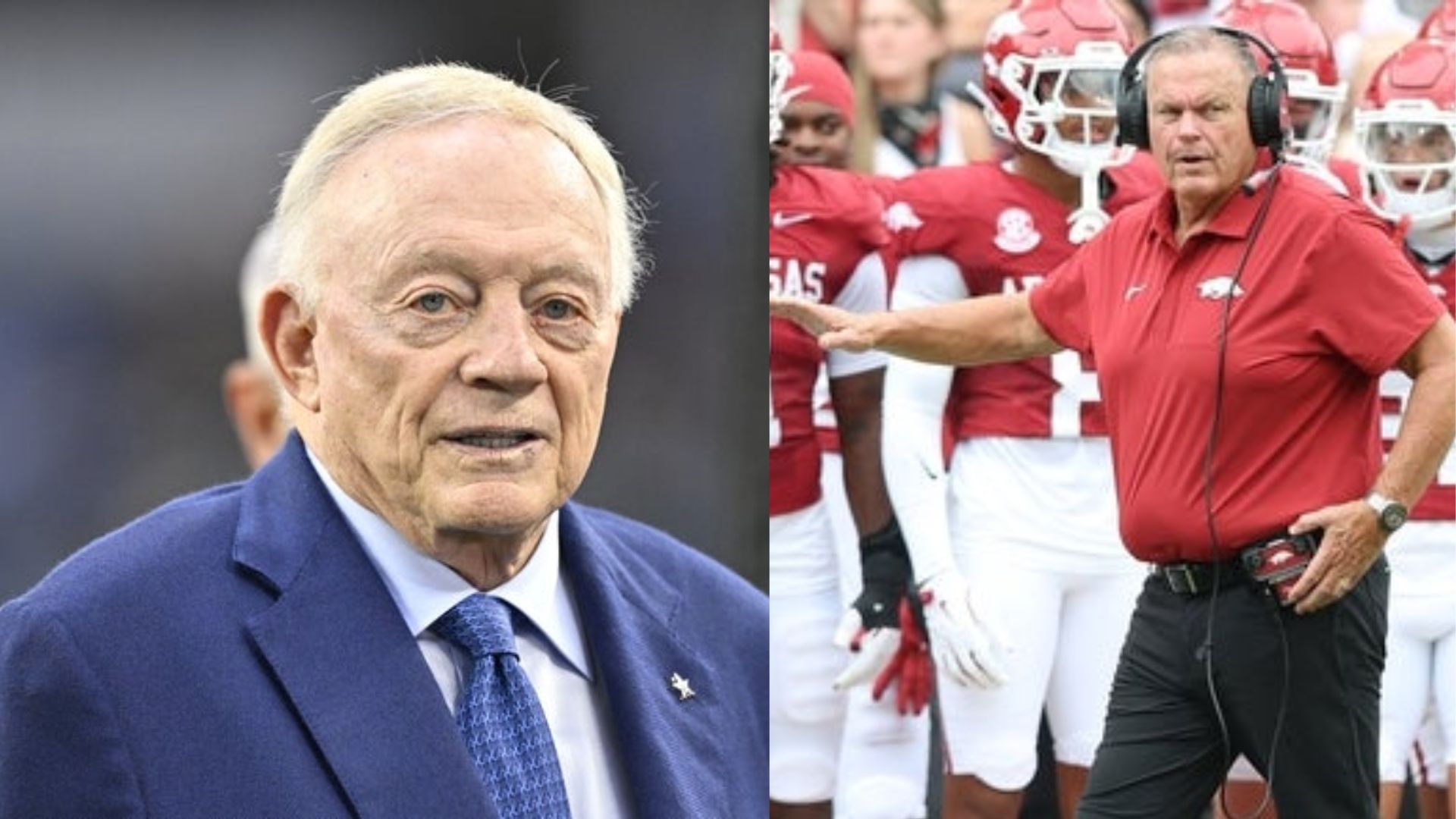 Dallas Cowboys owner Jerry Jones (left) and former Arkansas coach Sam Pittman (right) (Image Source: IMAGN)