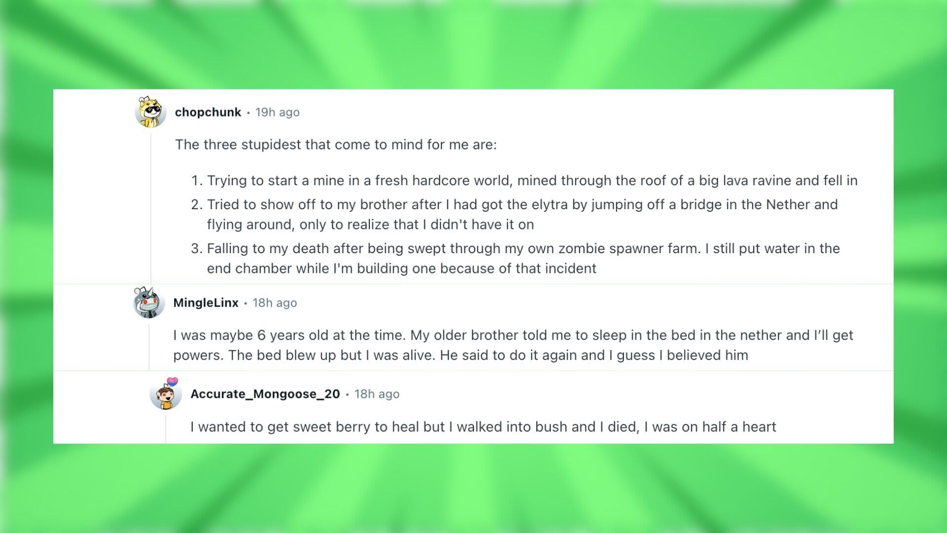 Redditors talk about the stupidest ways they have lost their life in the blocky world (Image via Reddit)