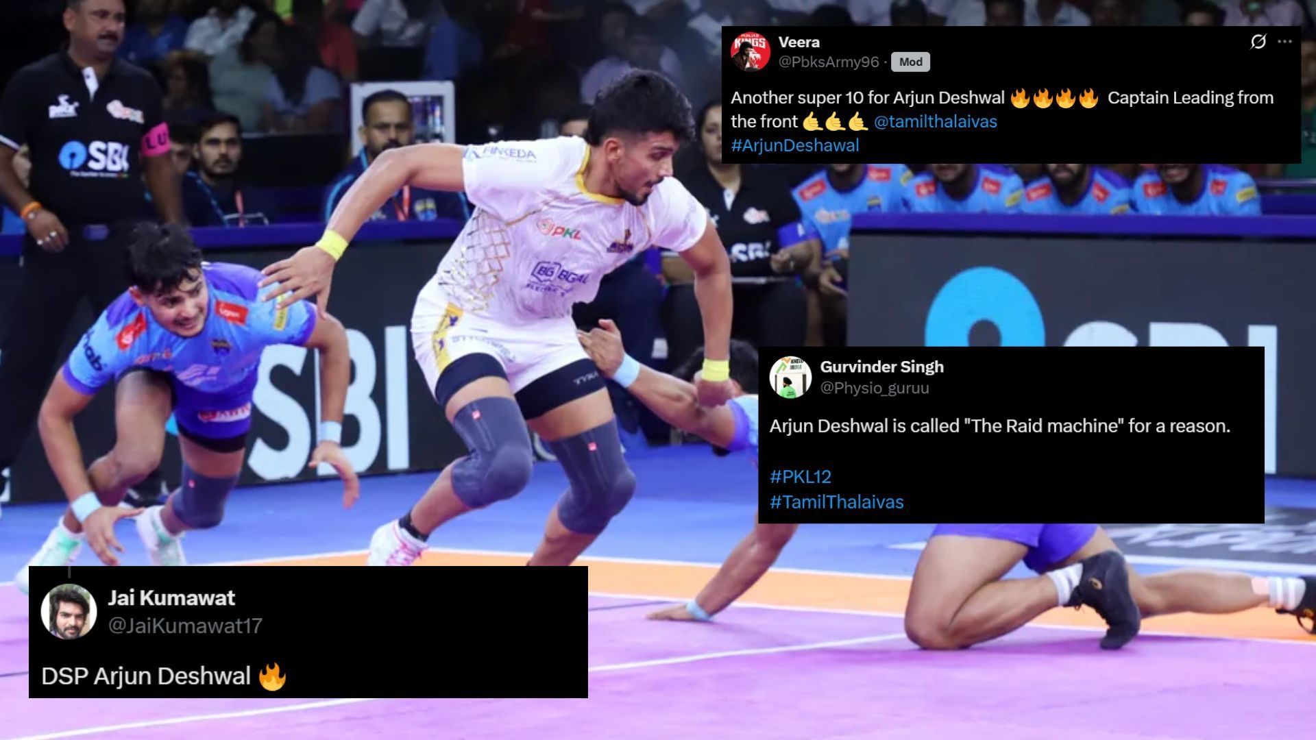Arjun Deshwal in action for Tamil Thalaivas against Bengal Warrriorz (Image Credits: PKL &amp; @Physio_guruu,@PbksArmy96 &middot;,@JaiKumawat17/X)