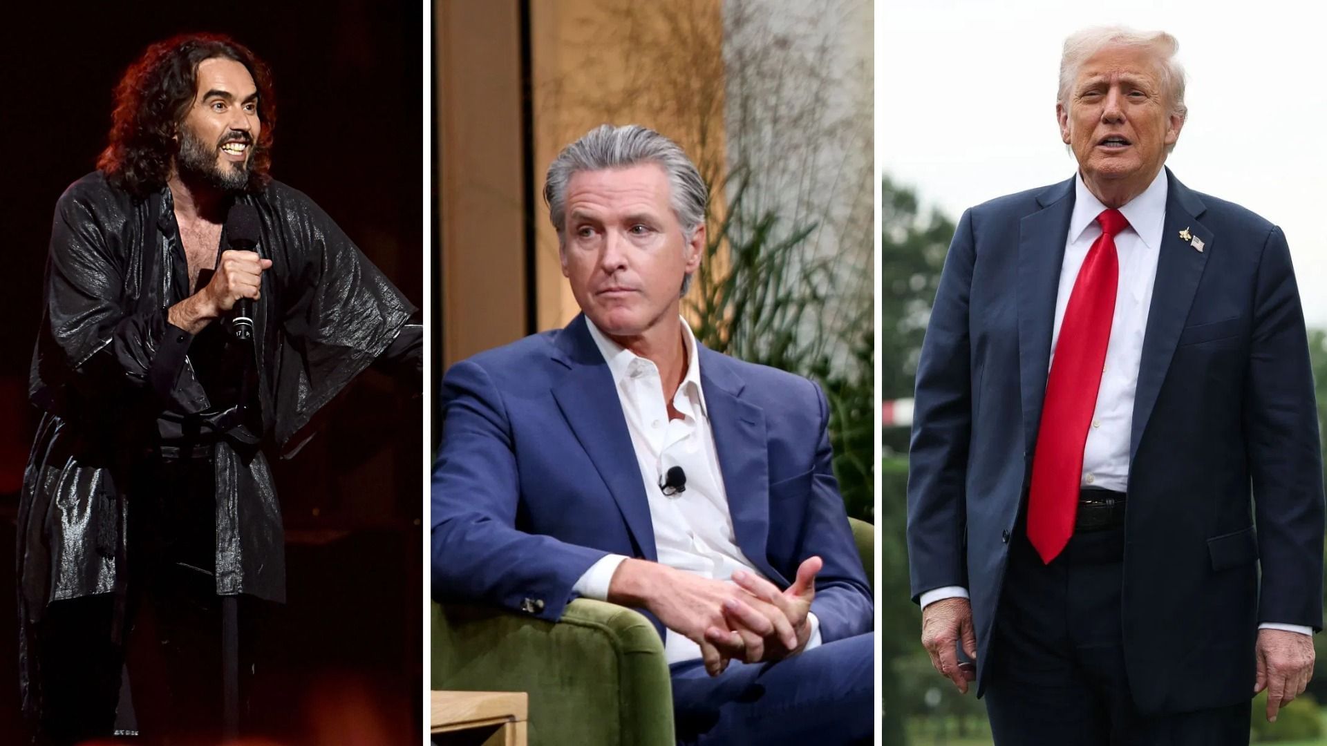 Russell Brand, Gavin Newsom, and Donald Trump (Image via Getty)