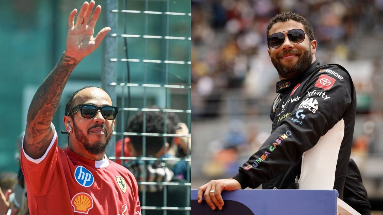 A side-by-side image of (Left) Lewis Hamilton of Great Britain and Scuderia Ferrari HP is seen during the drivers
