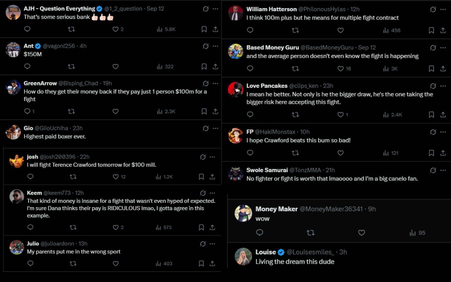 Fans react to Canelo Alvarez&#039;s reported purse for his fight against Terence Crawford. [Screenshots courtesy: @HappyPunch on X]