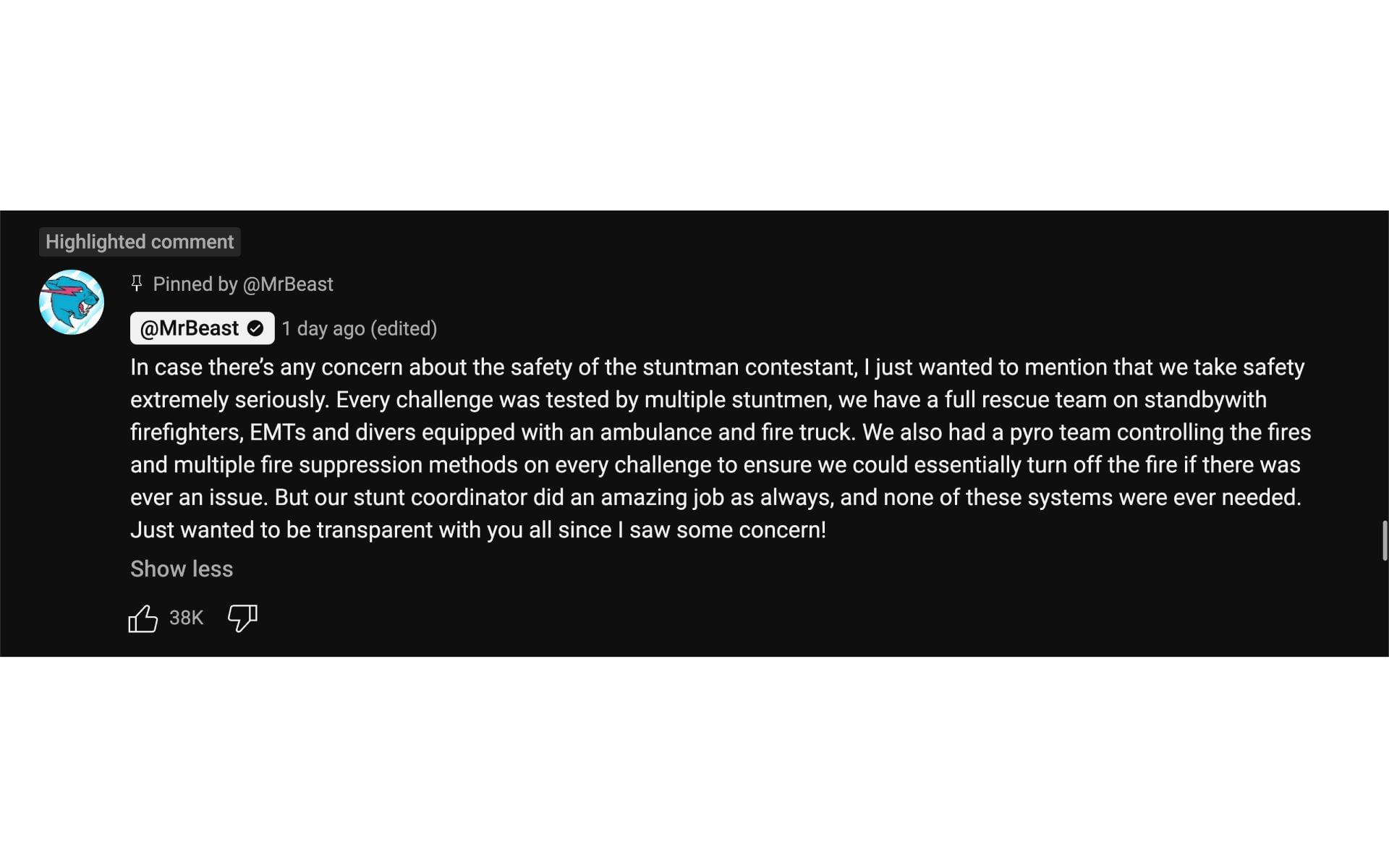 The YouTuber&#039;s comment issued on September 27, 2025 (Image via MrBeast/YouTube)