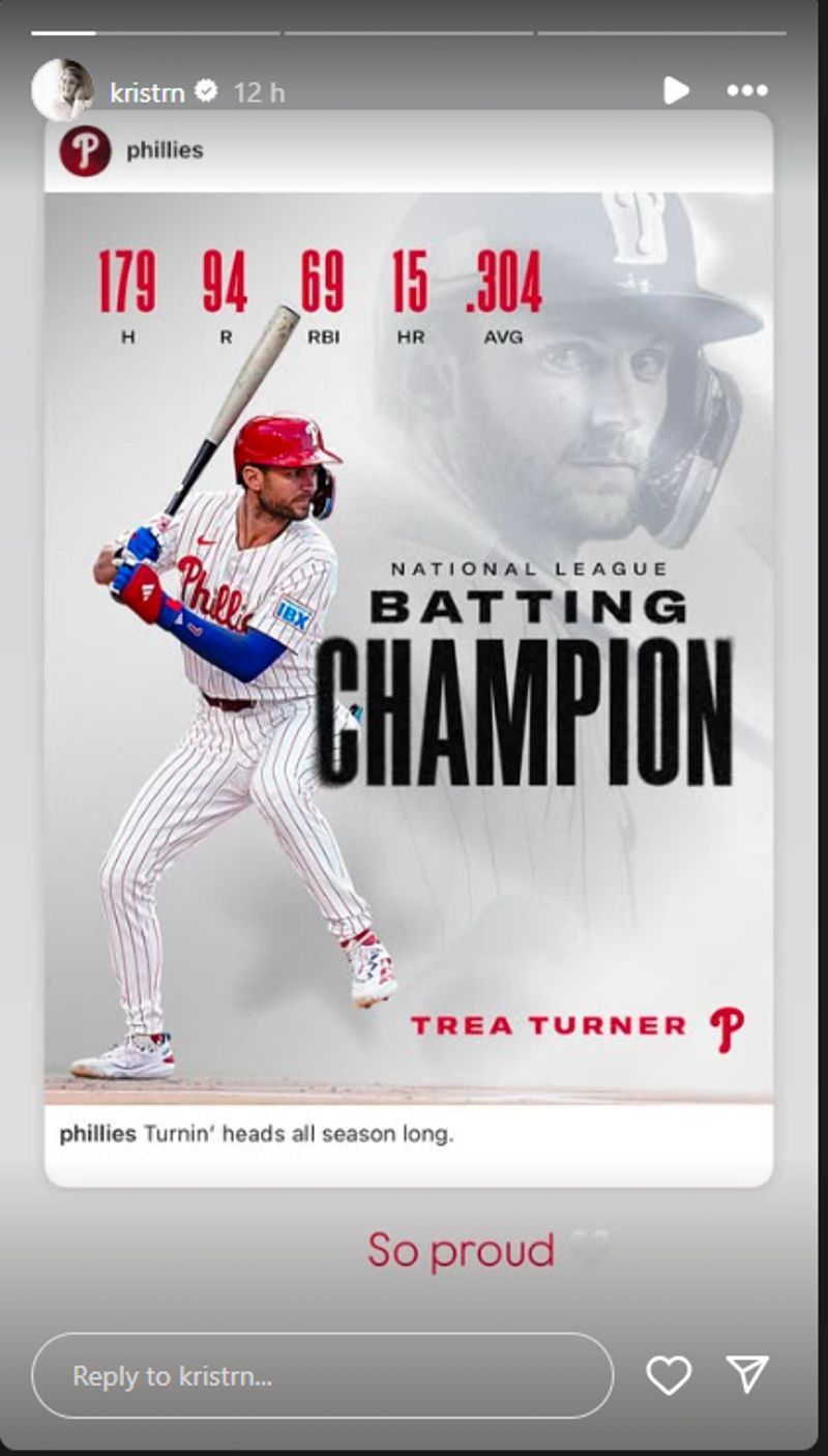 Trea Turner&#039;s wife ,Kristen, shared a story.(kristrn/Instagram)