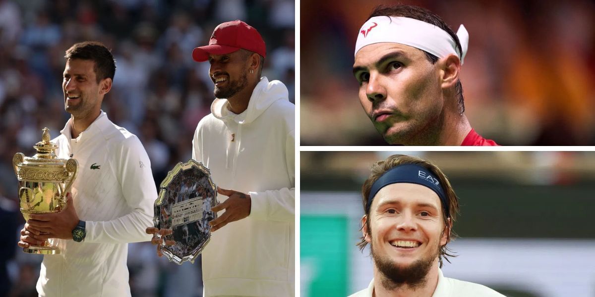 Novak Djokovic and Nick Kyrgios (left), Rafael Nadal (top right), Alexander Bublik (bottom right), Sources: Getty