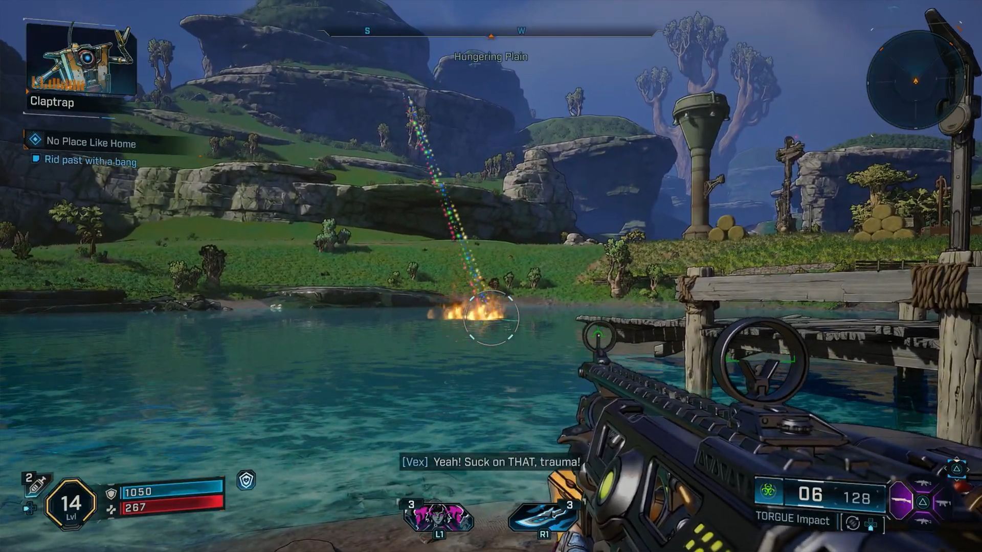 The quest ends with the boat exploding and Claptrap letting go of his past on Pandora (Image via Gearbox Software)