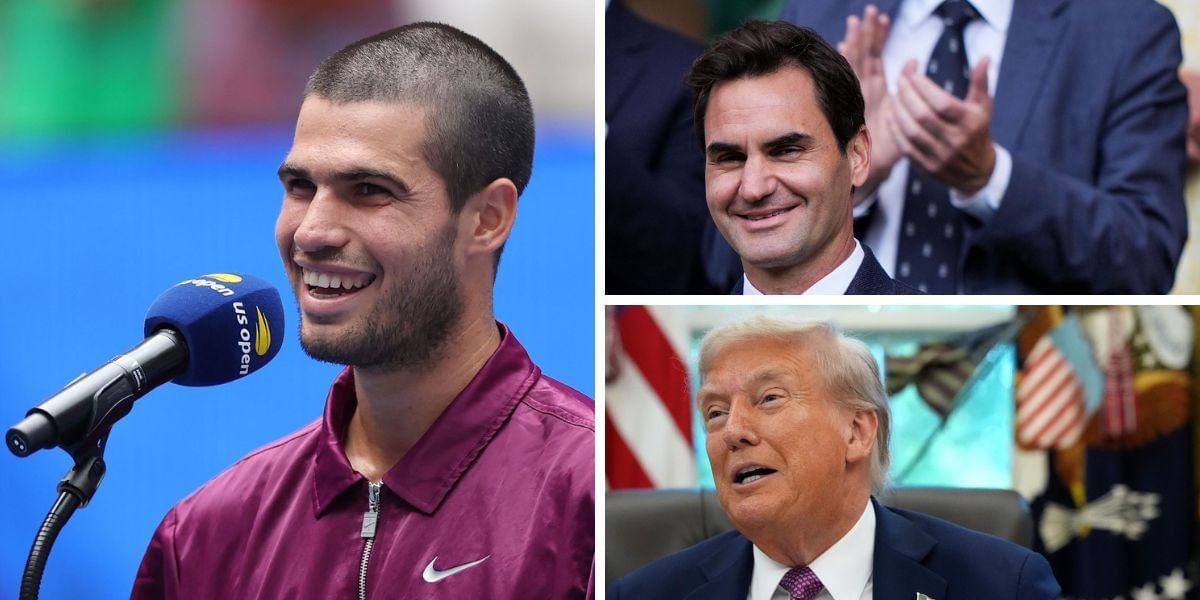 Carlos Alcaraz (left), Roger Federer (top right), Donald Trump (bottom right), Sources: Getty