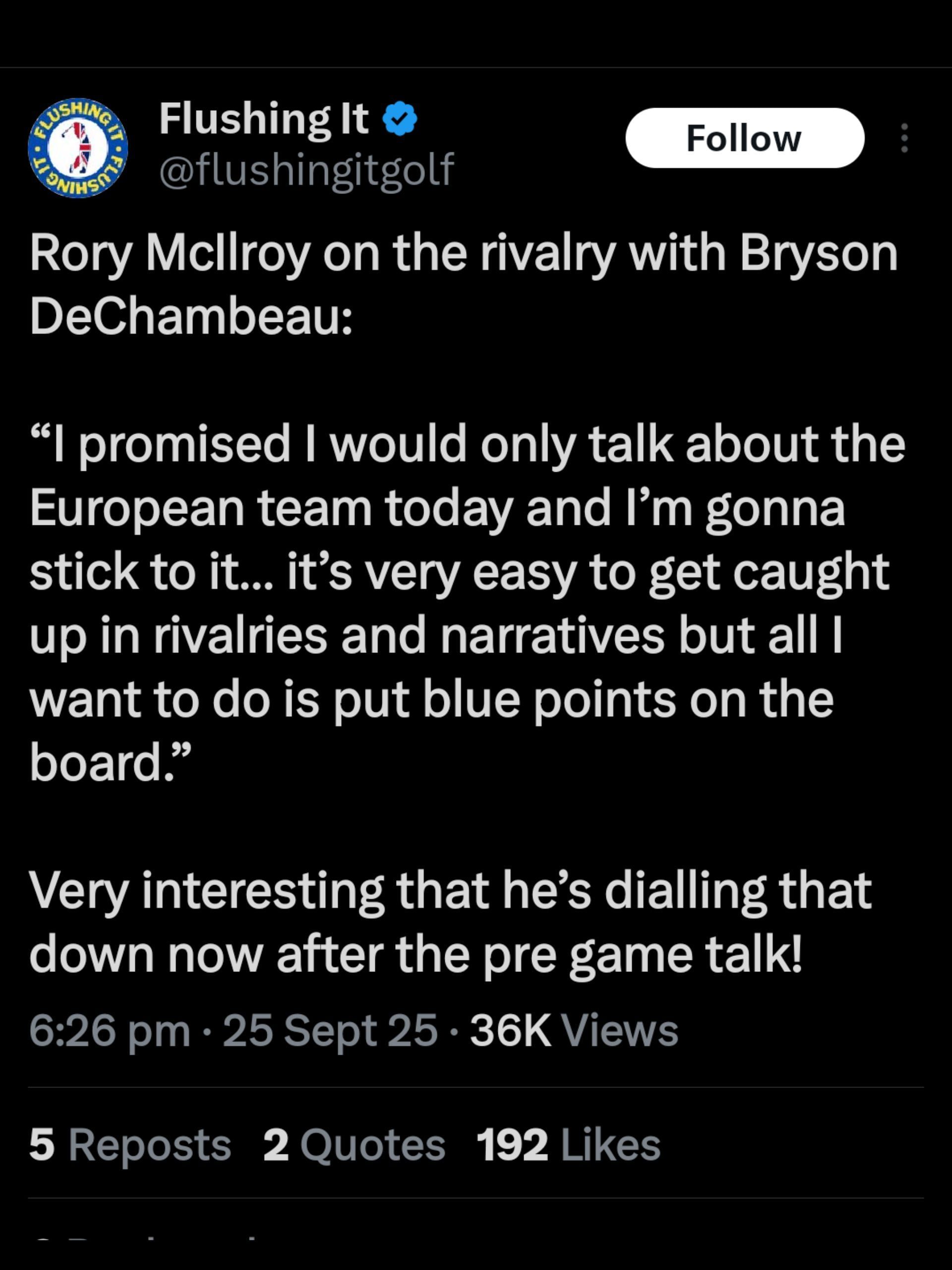 Screenshot of Flushing It Golf&#039;s post on X regarding McIlroy&#039;s statement | Source: @flushingitgolf on X