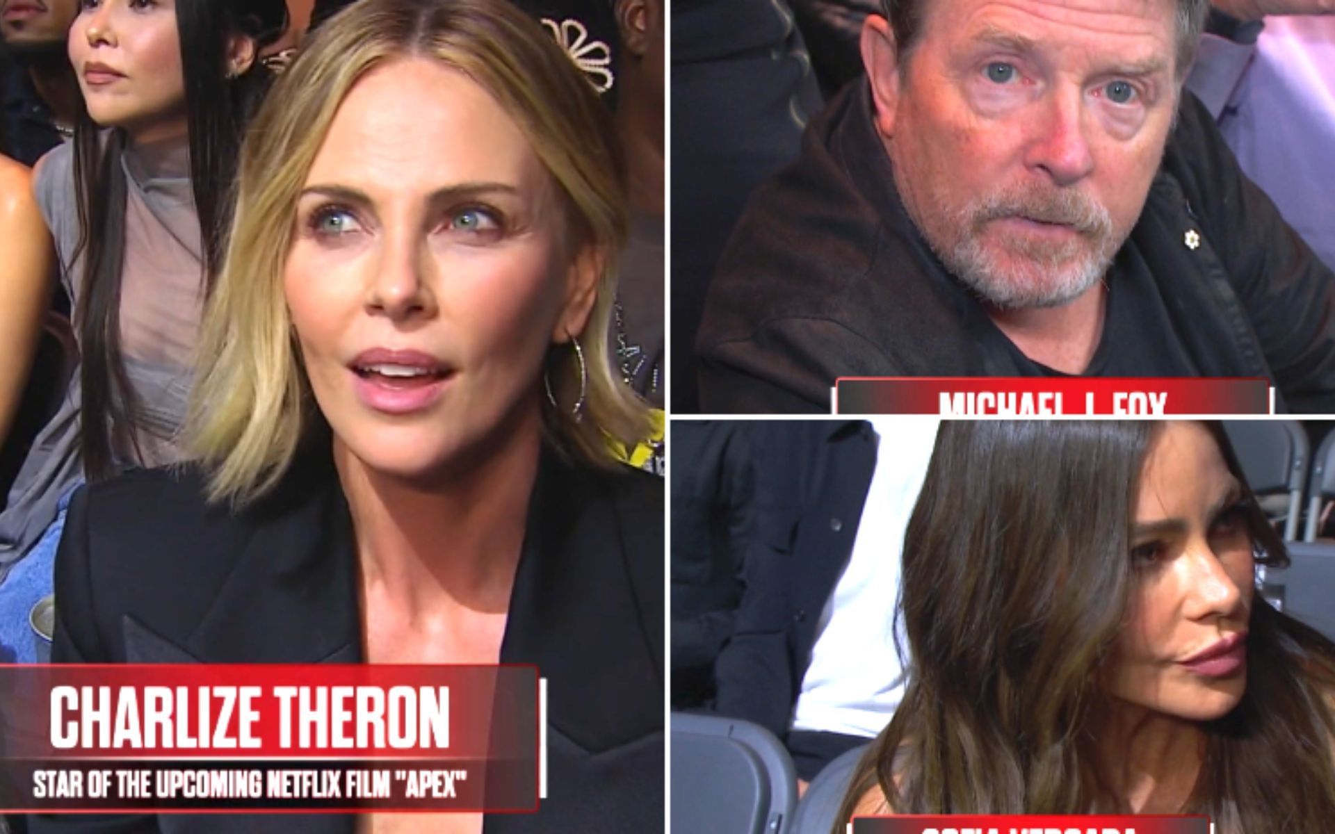 Charlize Theron (left), Michael J. Fox (top right), and Sofia Vergara (bottom right) in attendance. [Screenshots courtesy: @jedigoodman on X]