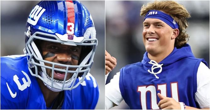Jaxson Dart asked about Russell Wilson benching calls from Giants fans and "We want Dart" chants during SNF loss to Chiefs