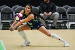 Former Nebraska volleyball player Lexi Rodriguez reacts as 17,675 fans attend match to set new alltime indoor season record