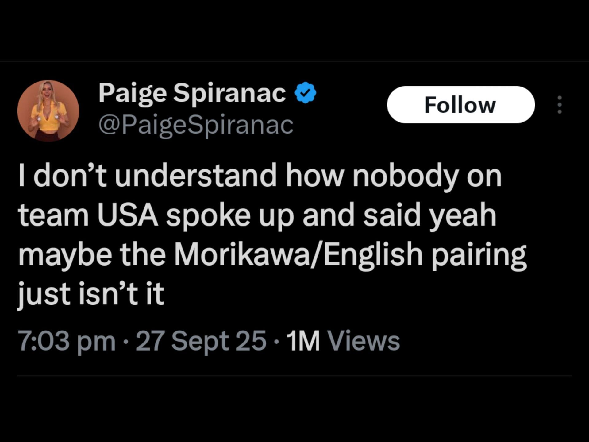 Screenshot from Spiranac&rsquo;s post on X regarding Bradley / Source: @PaigeSpiranac on X