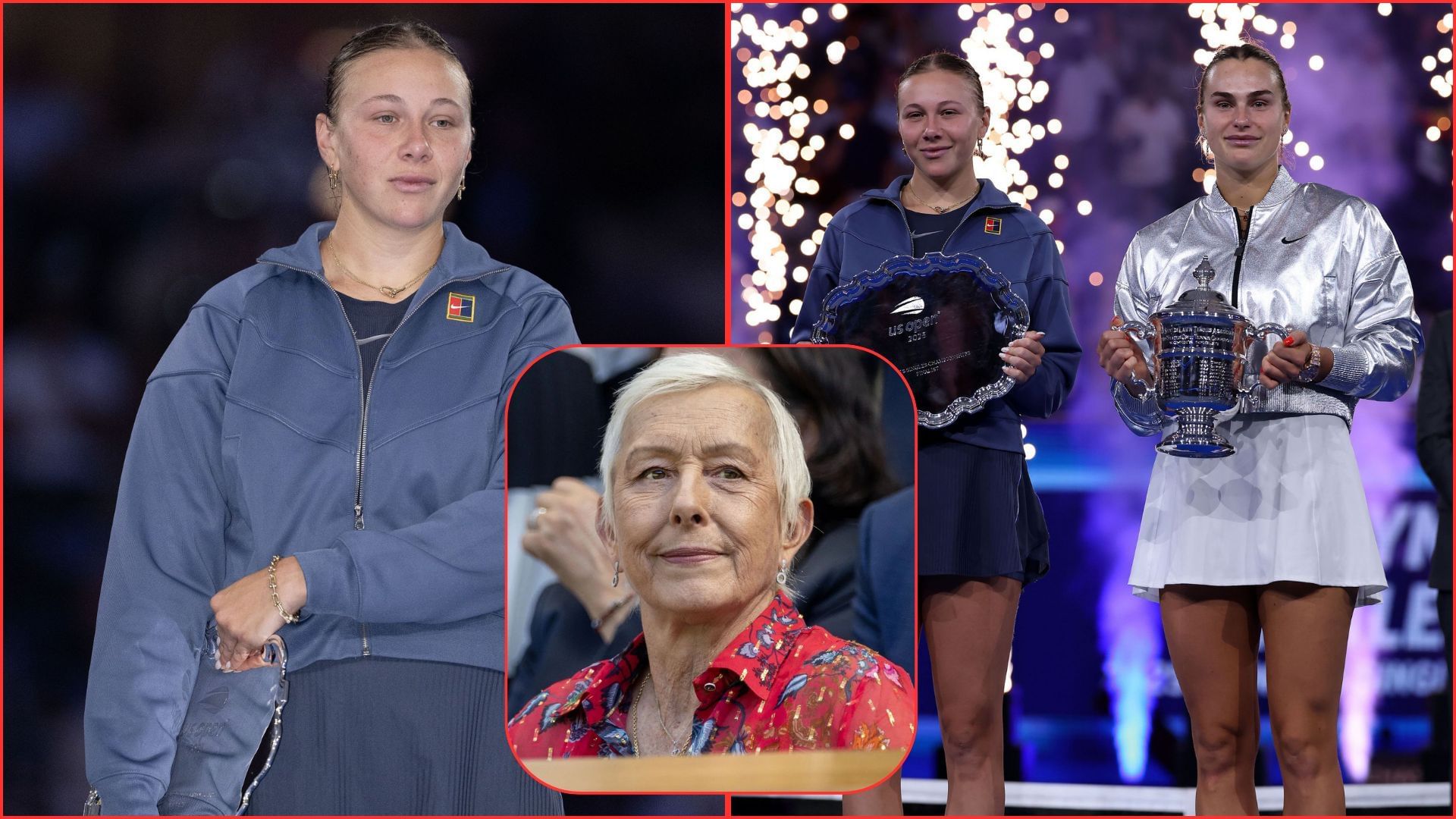 Martina Navratilova (inset) warns Amanda Anisimova (L) after US Open final | Getty