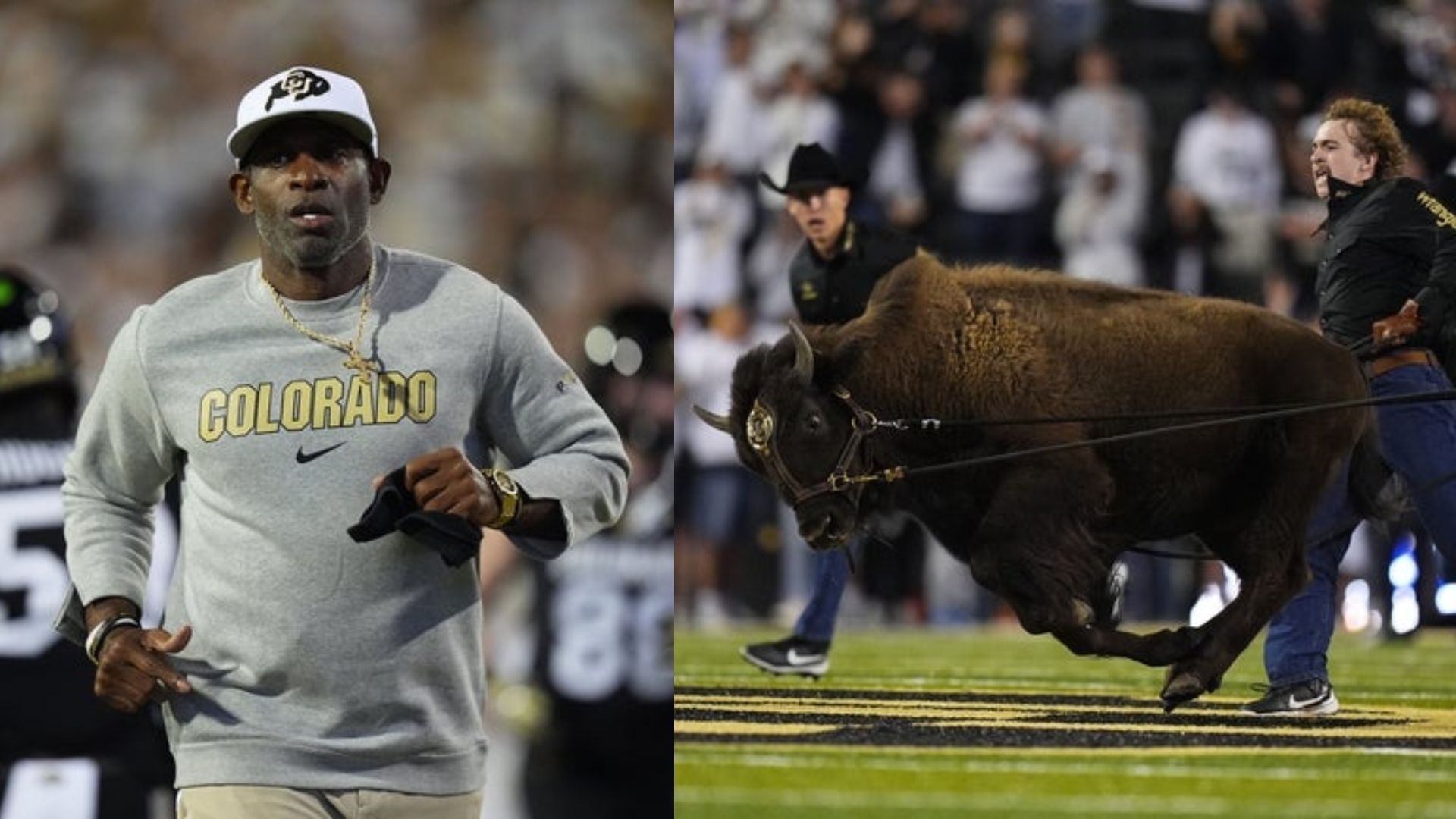 Colorado coach Deion Sanders (left) and Buffaloes