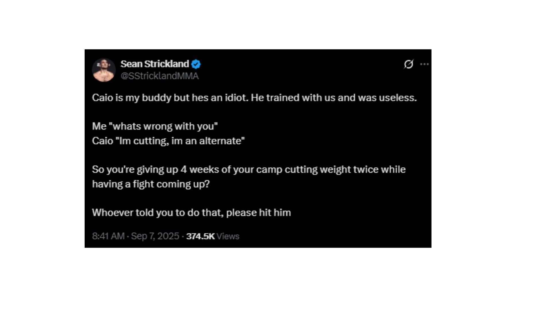 Sean Strickland&#039;s X post. [Screenshot courtesy: @SStricklandMMA on X]