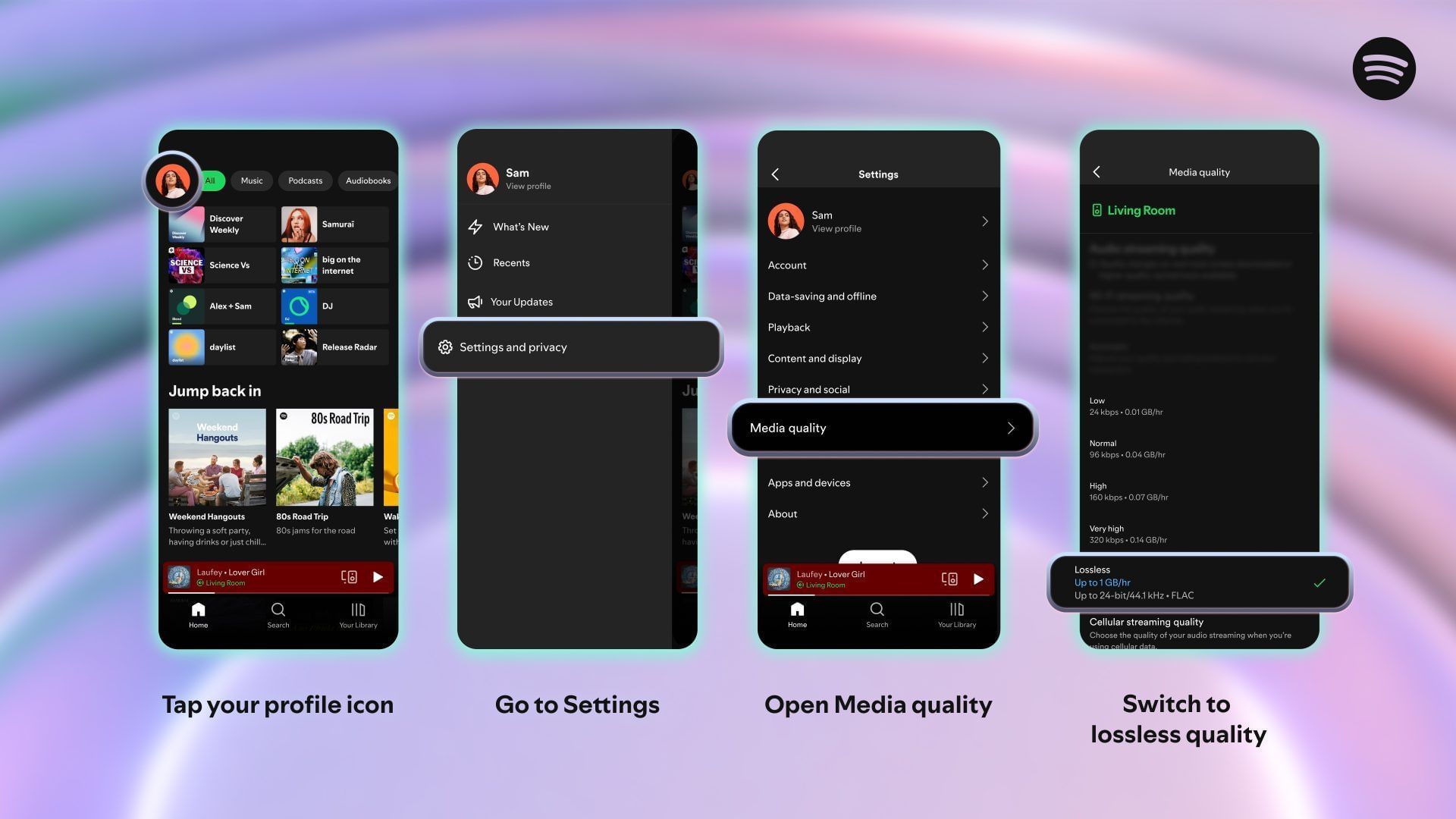 Steps to enable Lossless audio (Image via Spotify)