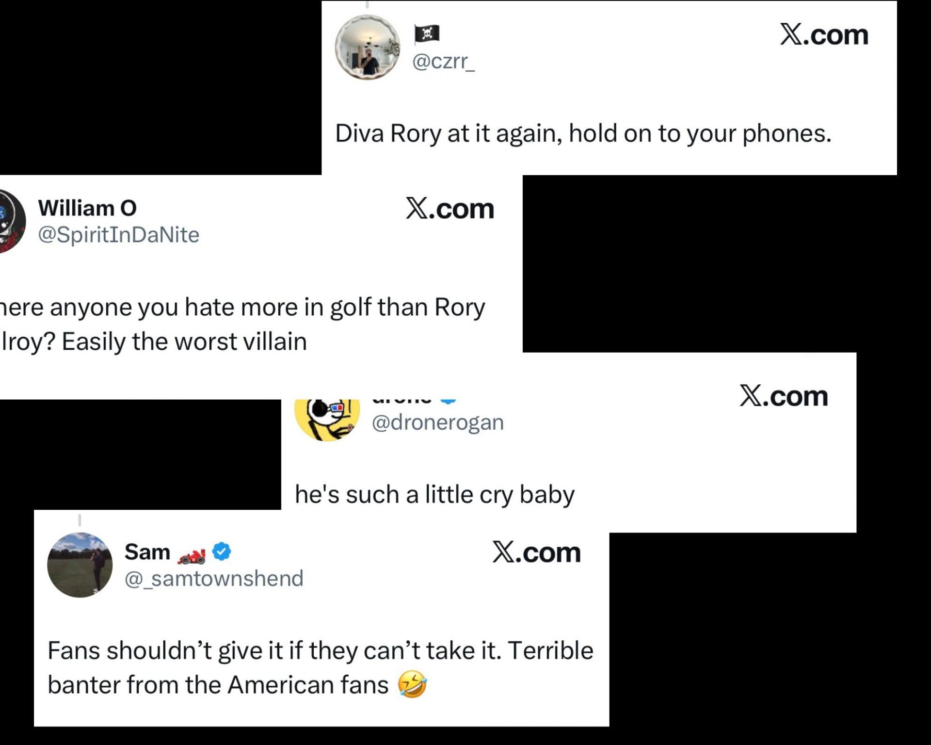 Fans react to Rory McIlroy _ Source: X/@czrr_ @dronerogan @_samtownshend