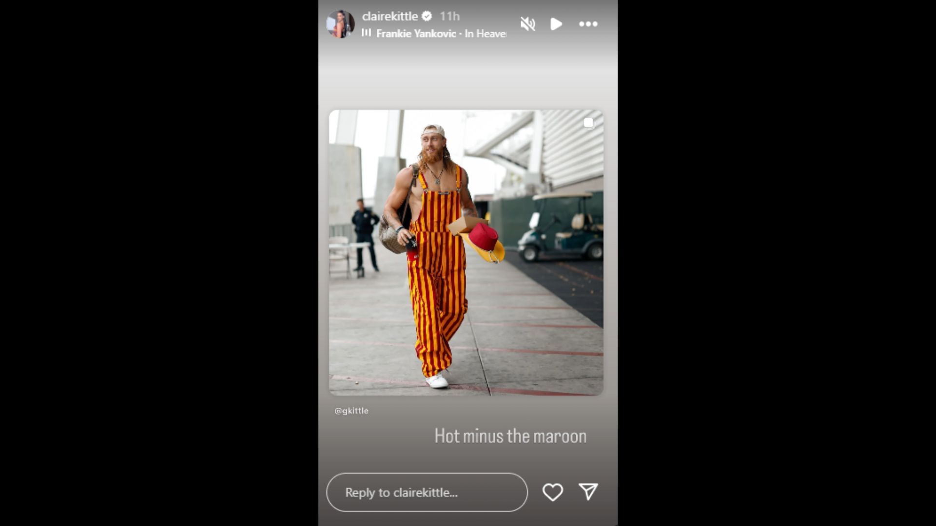 George Kittle&#039;s outfit didn&#039;t receive 100% approval from wife Claire. (Photo via Claire Kittle&#039;s Instagram Story)