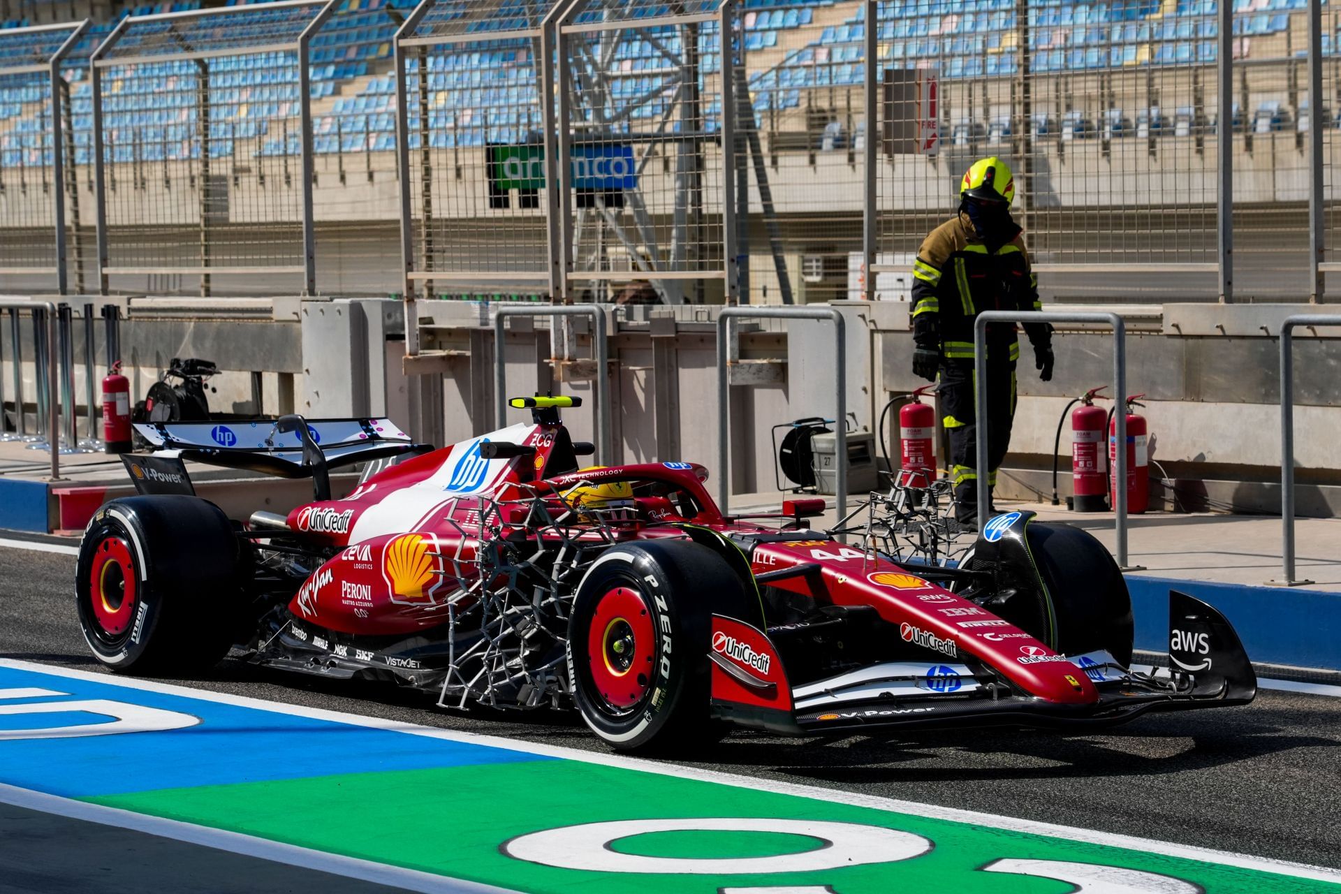 Lewis Hamilton drives the (44) Scuderia Ferrari HP SF-25 at Bahrain. Source: Getty