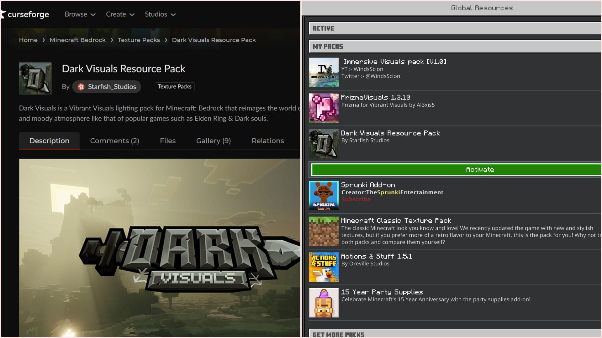Dark images can be easily downloaded (image via Conseforge/Starfish_studios || Sportskeeda Gaming || Mojang Studios)