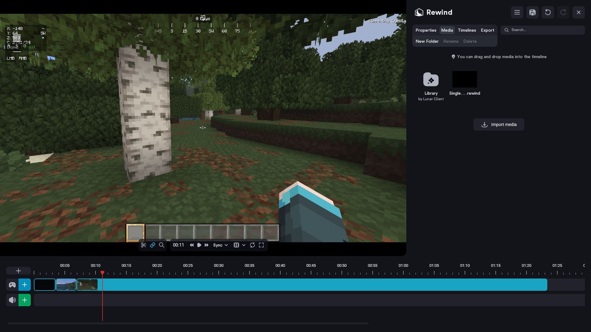 The Rewind mod in the Minecraft Lunar Client offers a powerful suite of tools for editing in the app (Image via Sportskeeda Gaming || Mojang Studios/Lunar Client)