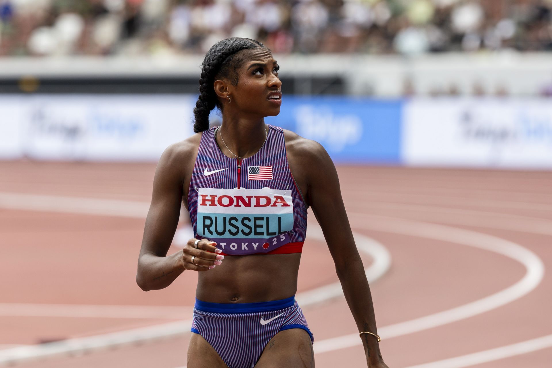  Masai Russell at the World Athletics Championships in Tokyo, Japan. (Photo by Getty Images)
