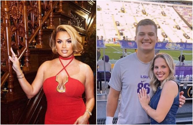 Mason Taylor's GF Sage Wagner drops 2-word reaction as Jets TE's aunt Joy Taylor turns heads in red halter-neck midi dress