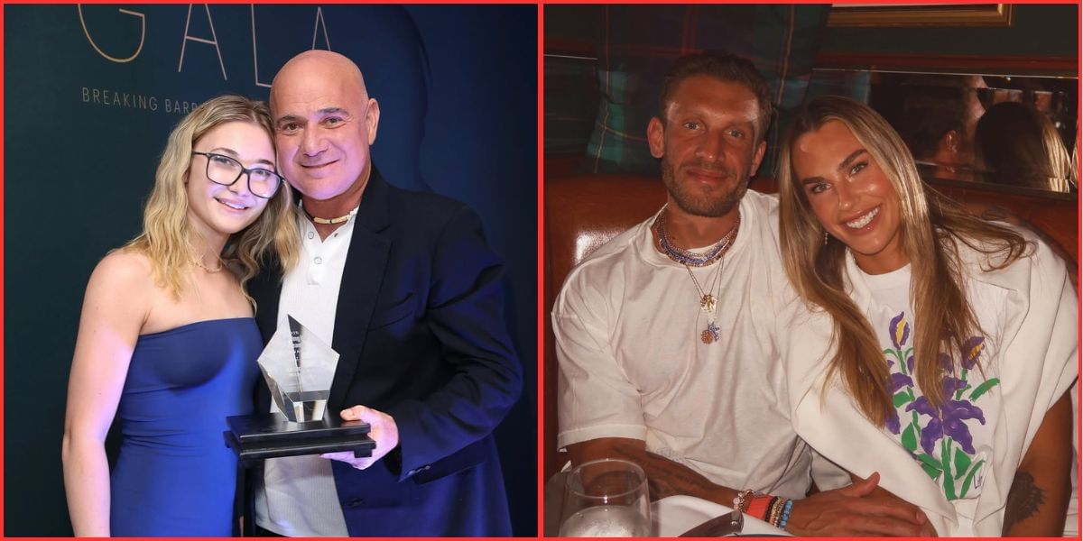 Steffi Graf &amp; Andre Agassi (left); Aryna Sabalenka &amp; Georgios (right)